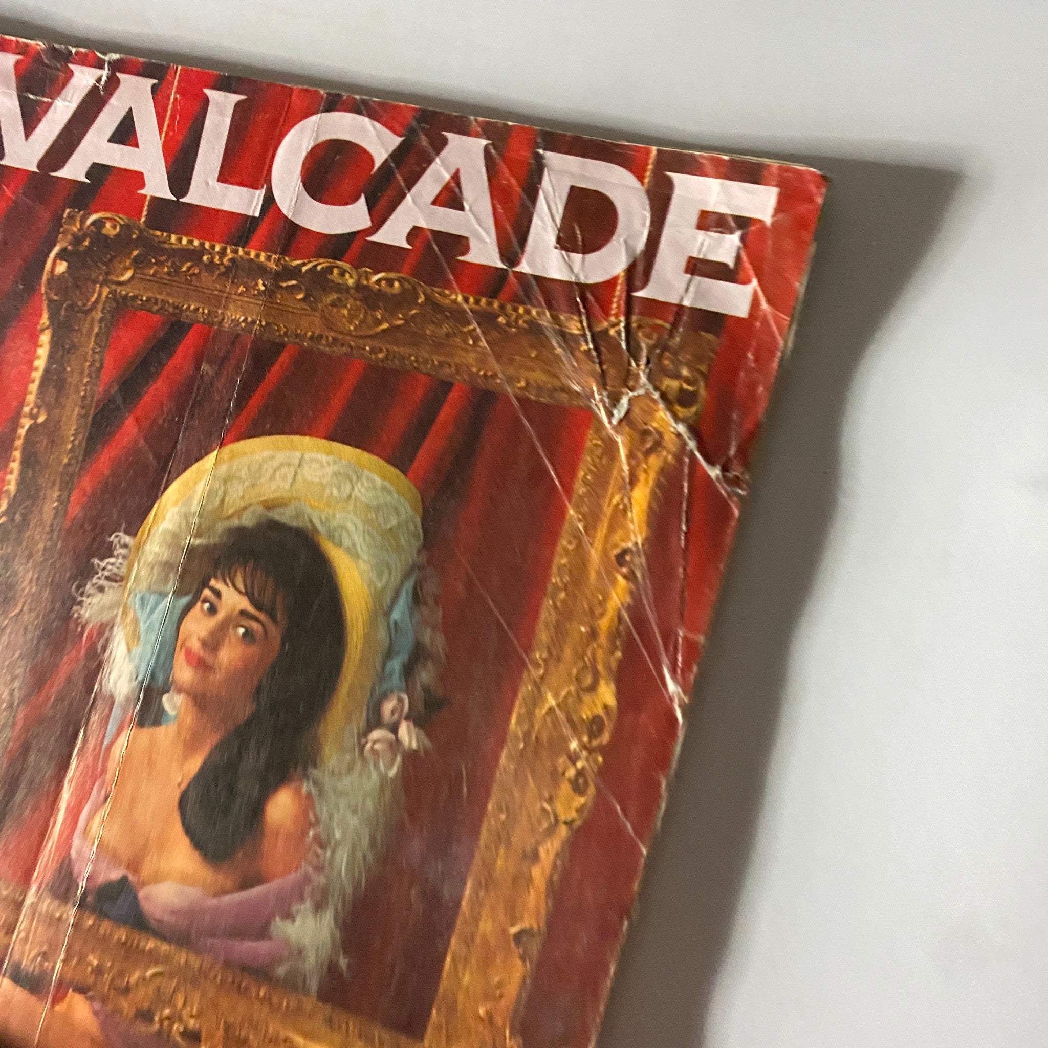 Close-up view of Cavalcade Magazine April 1964 cover, highlighting the illustration of Brigitte Bardot framed by ornate design elements.