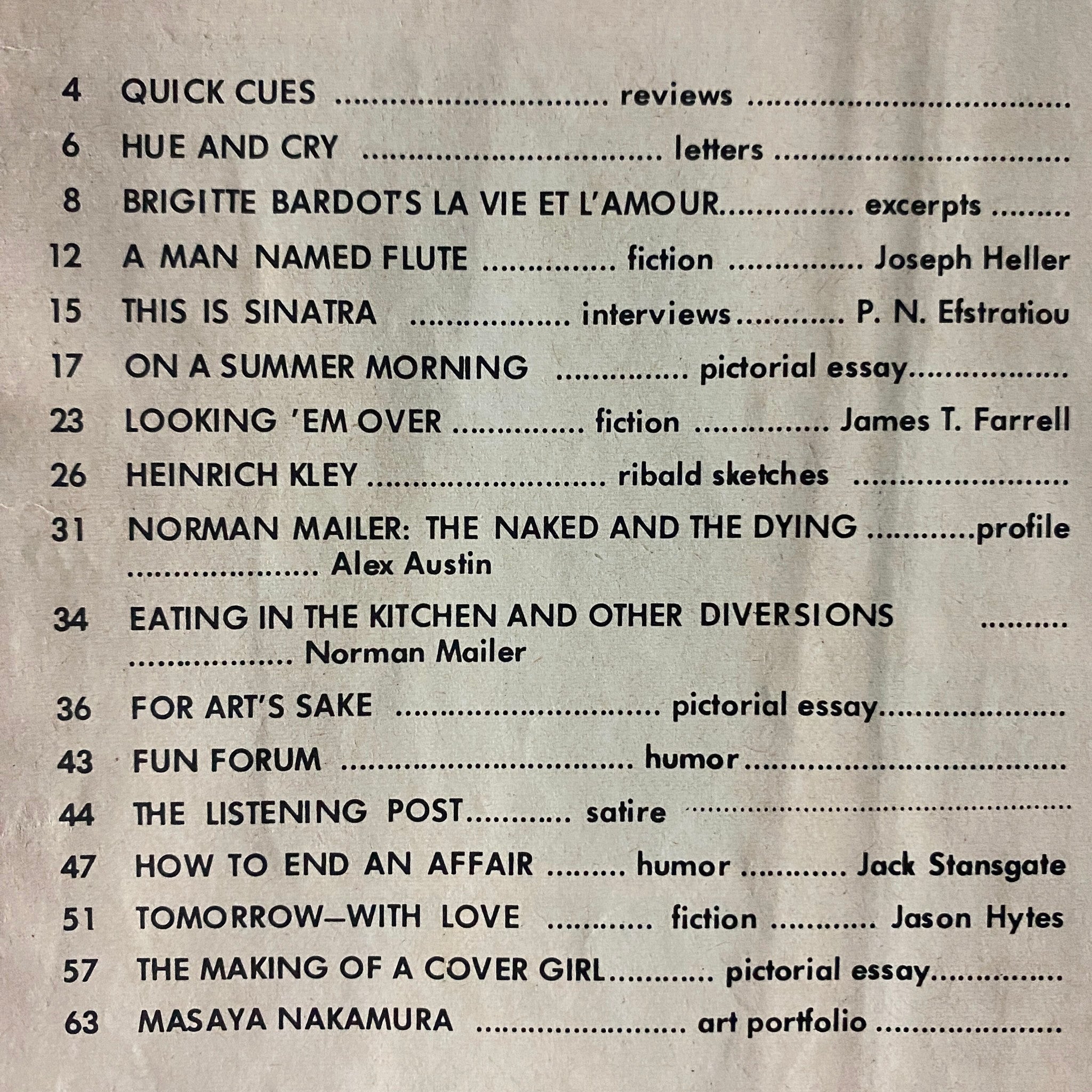 Table of contents from the April 1964 issue of Cavalcade Magazine featuring articles on Brigitte Bardot and Frank Sinatra, along with contributions from notable authors like Joseph Heller and Norman Mailer.