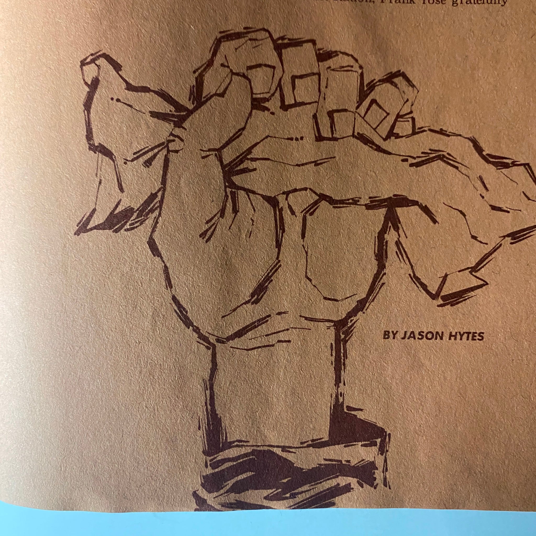 Illustration of a hand gripping a piece of cloth from the April 1964 issue of Cavalcade Magazine, attributed to artist Jason Hytes, highlighting the artistic features in the magazine.