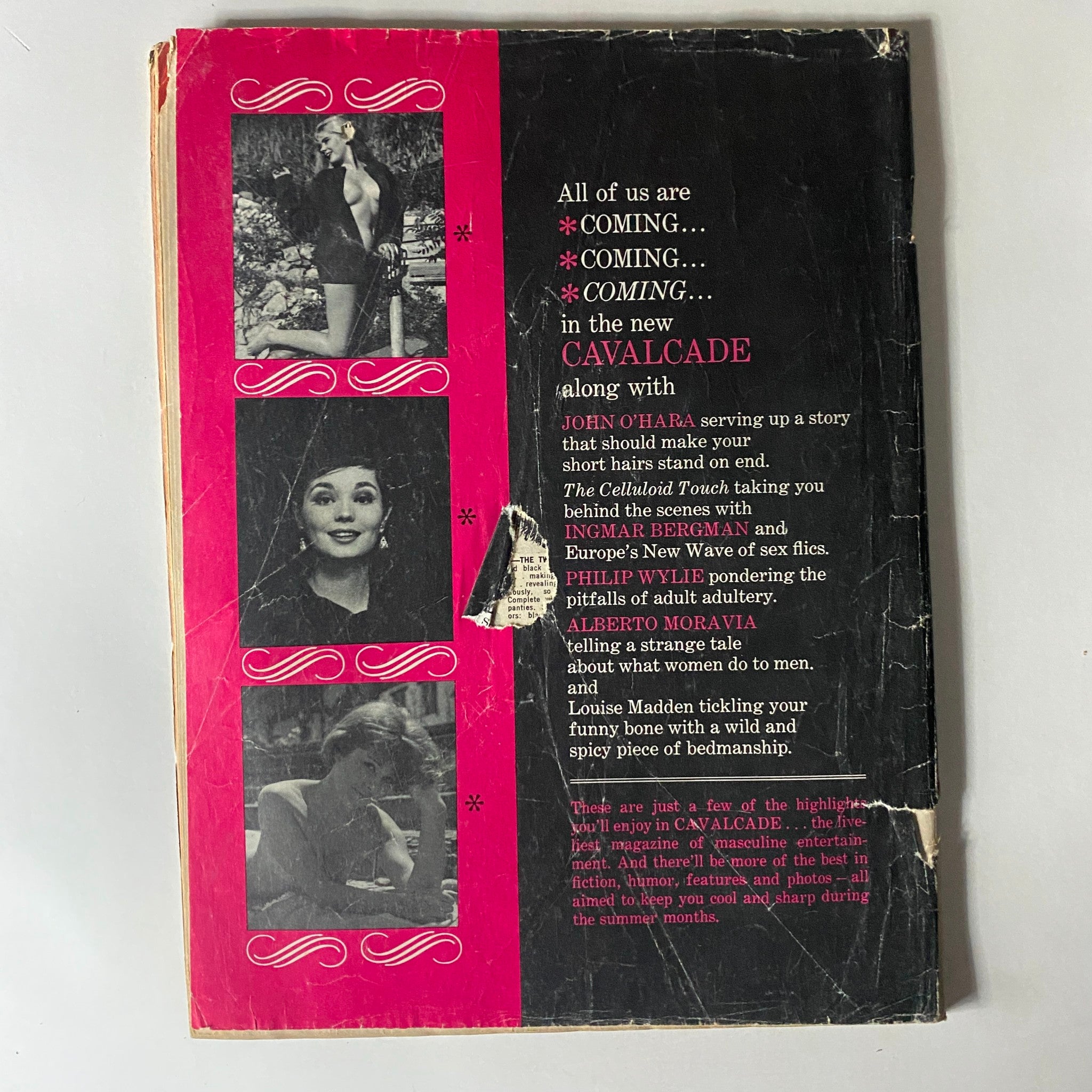 Back cover of the April 1964 issue of Cavalcade Magazine advertising articles featuring John O'Hara and discussions on Ingmar Bergman, showcasing the magazine's diverse content.