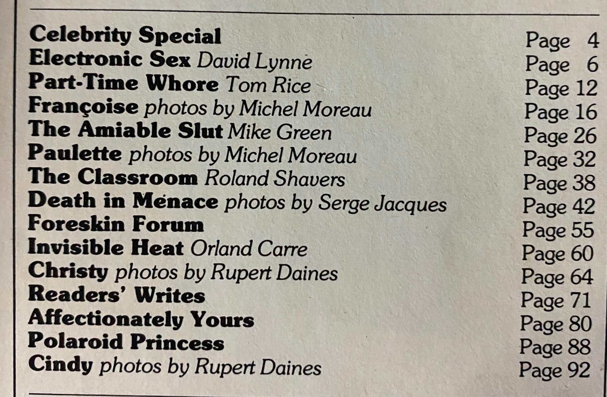 Table of contents for Club International Magazine, June 1980, listing articles and photo features including 'The Amiable Slut' and 'Electronic Sex'.