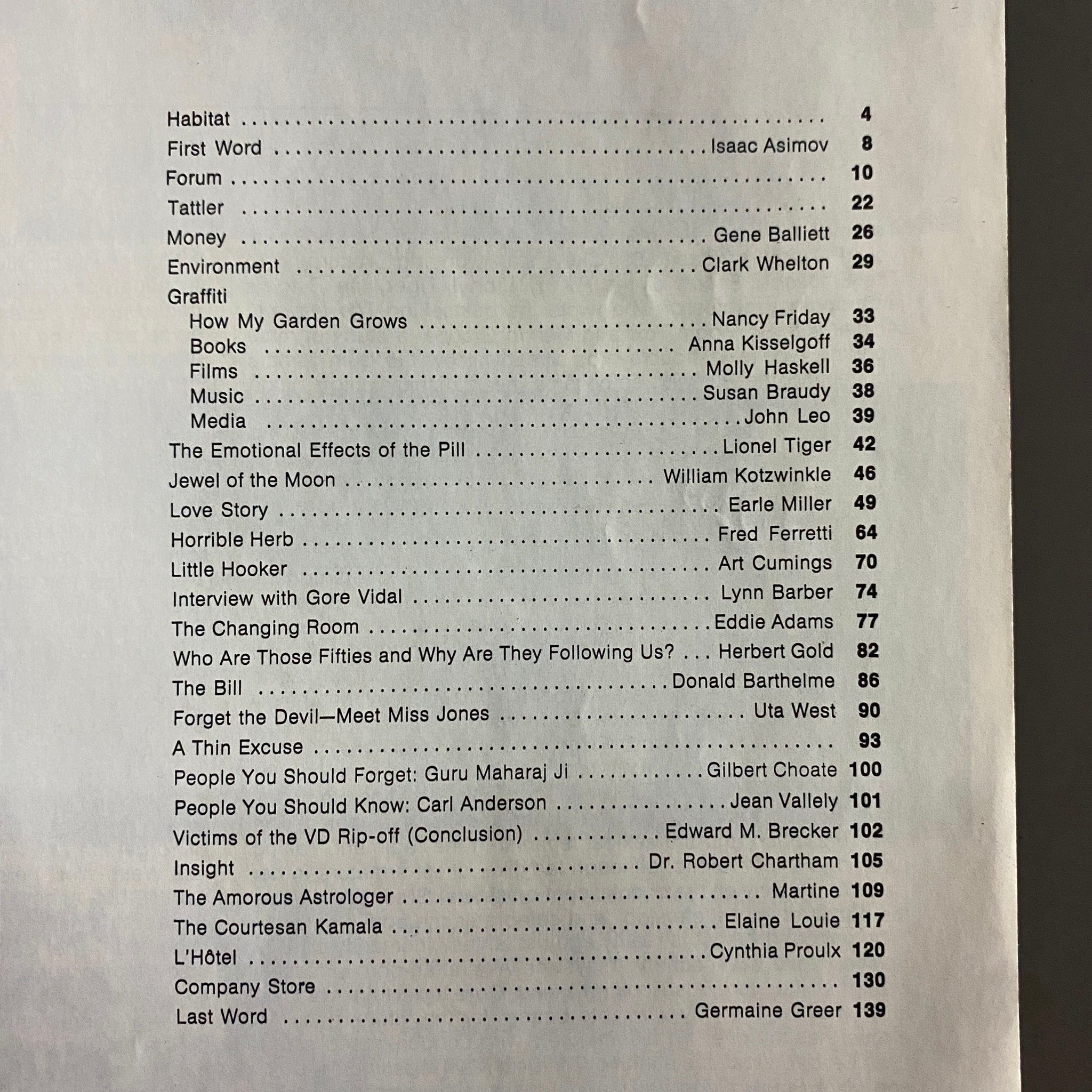 Table of contents from Viva Magazine November 1973 outlining featured articles and interviews, including an interview with Gore Vidal and various essays by prominent literary figures.