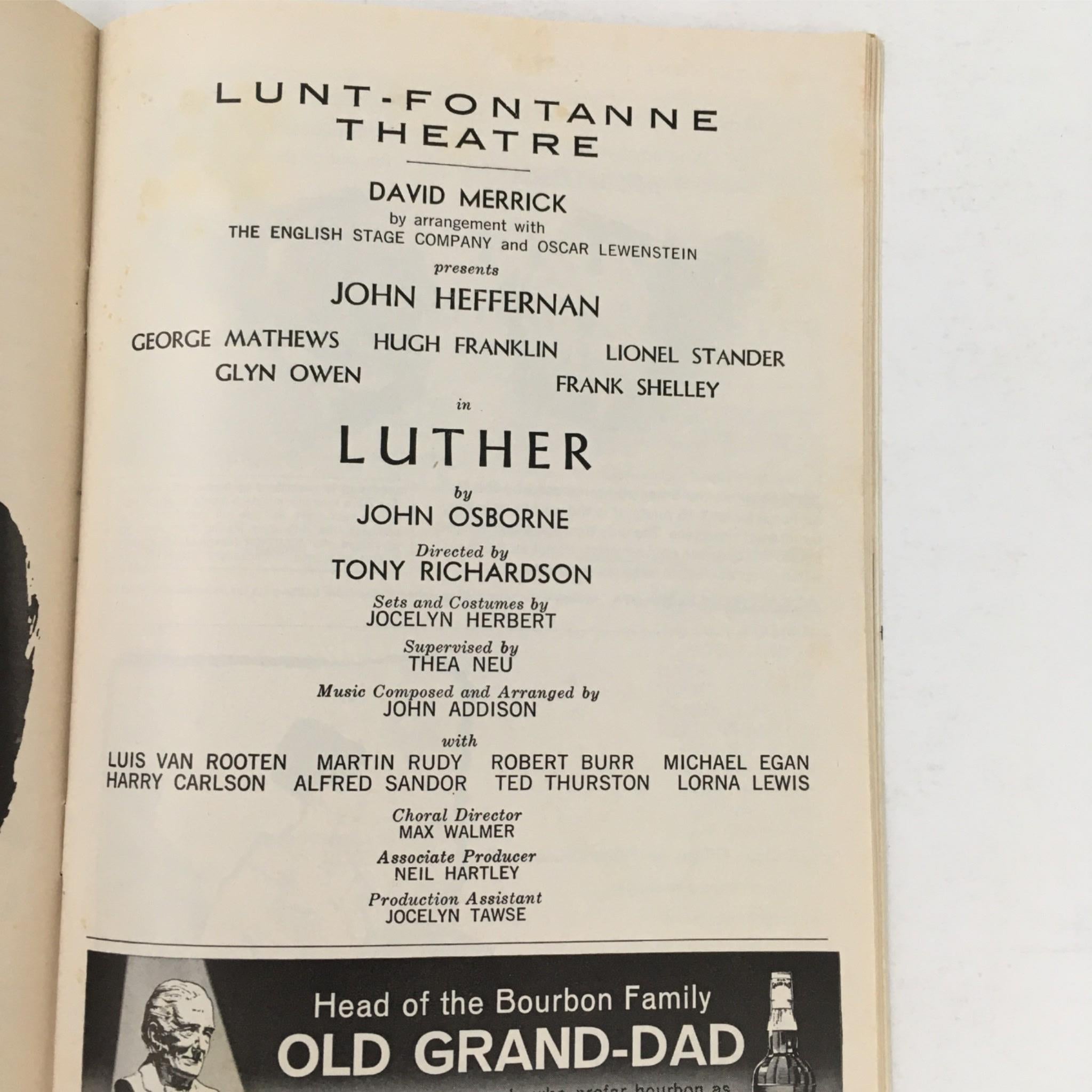 1964 Playbill Luther by Tony Richardson, John Osborne at Lunt-Fontanne Theatre