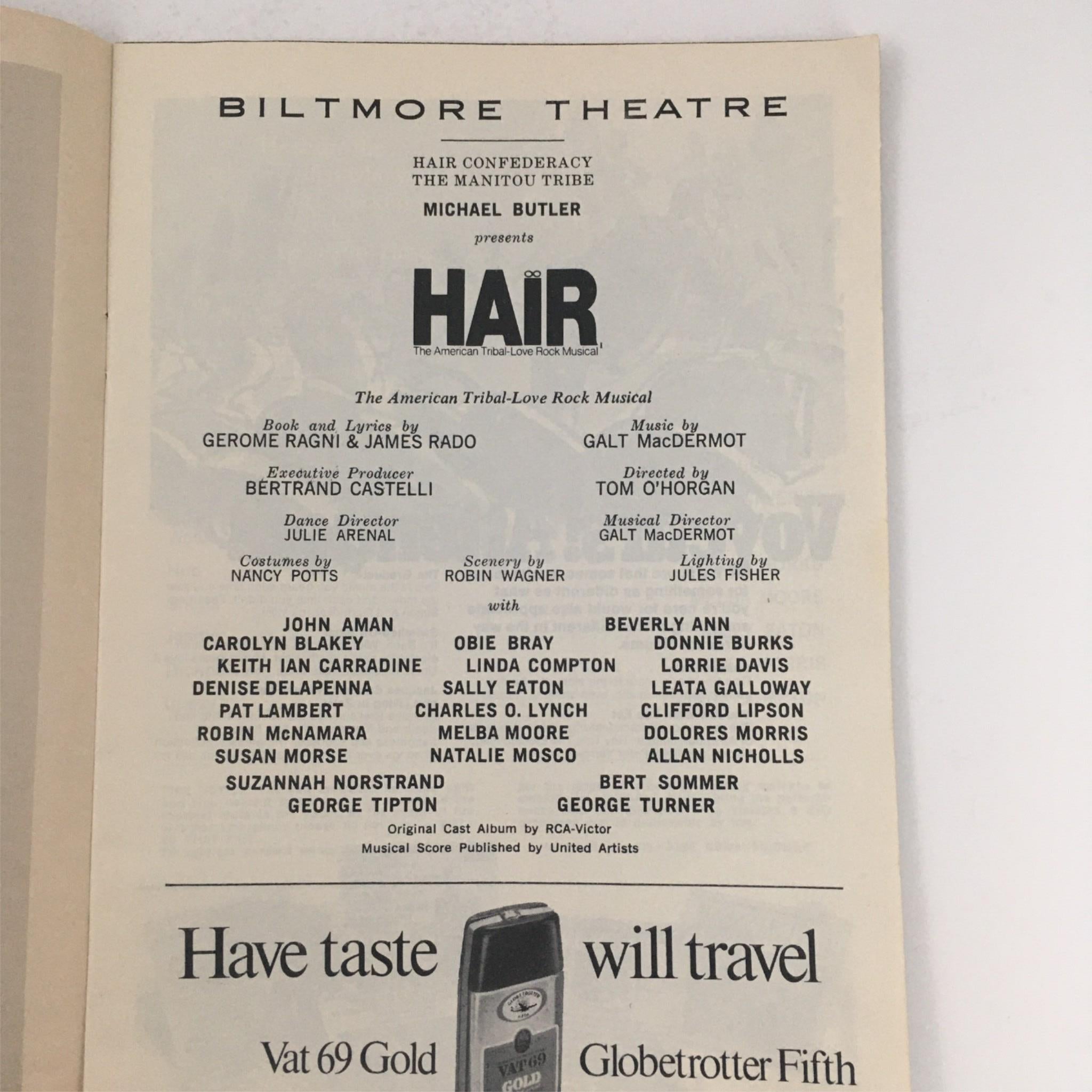 1969 Playbill Hair by Michael Butler, Tom O'Horgan at Biltmore Theatre