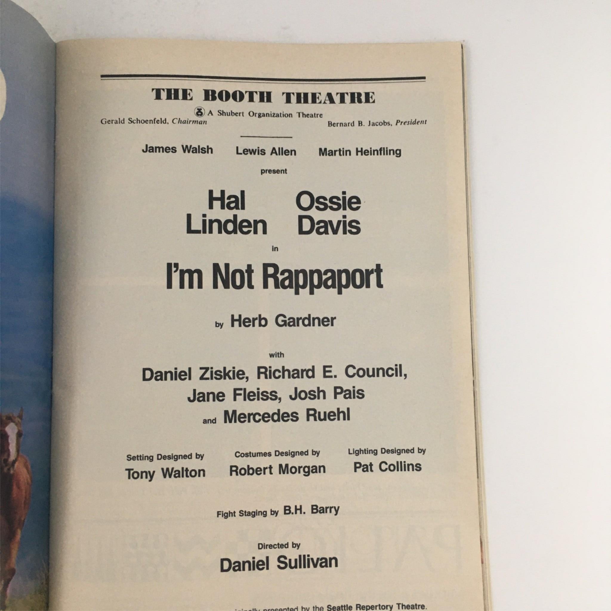 1986 Playbill I'm Not Rappaport by Herb Gardner, Daniel Sullivan, Booth Theatre