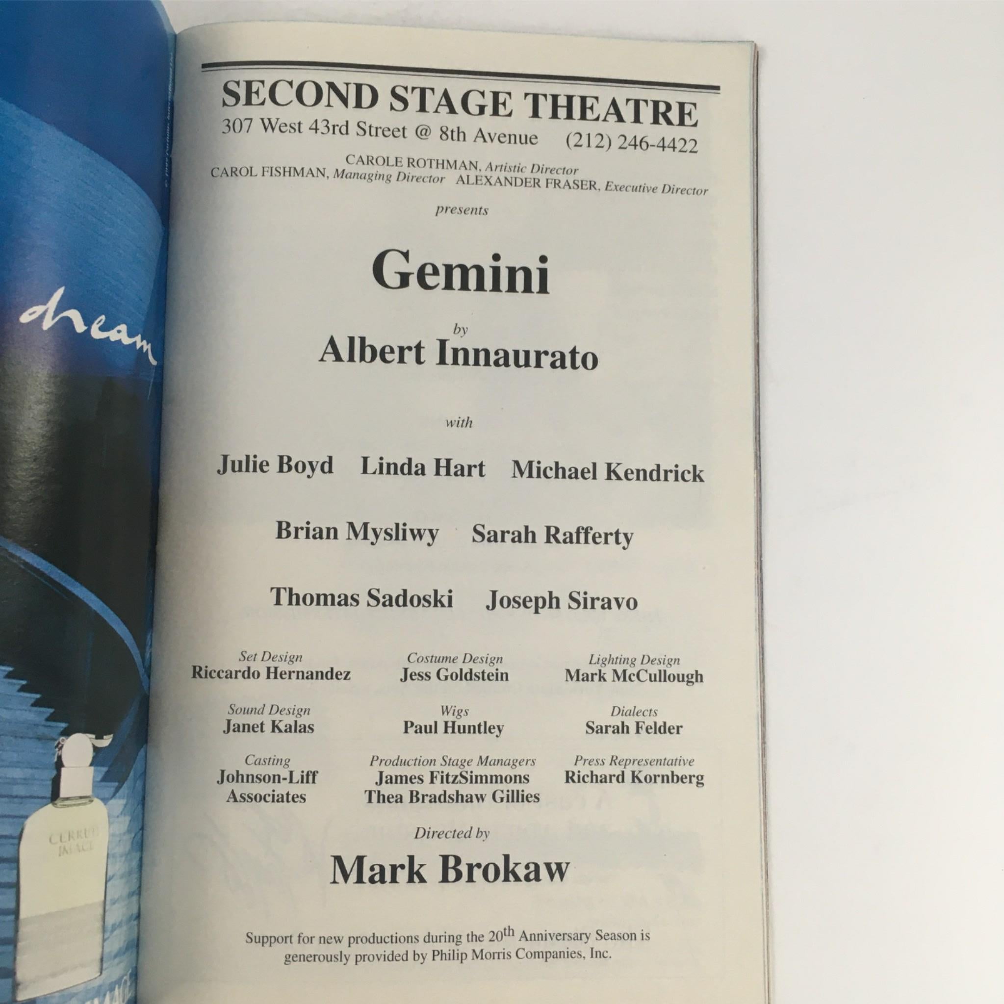 1999 Playbill Gemini by Albert Innaurato, Mark Brokaw at Second Stage Theatre