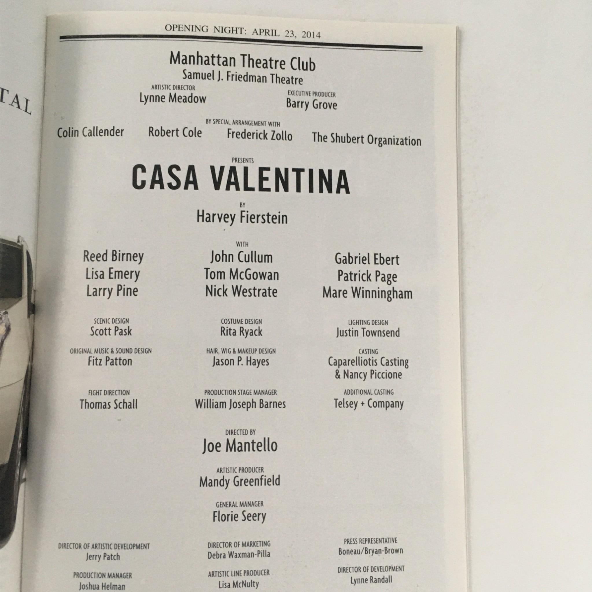 2014 Playbill Casa Valentina by Harvey Fierstein, Joe Mantello Manhattan Theatre