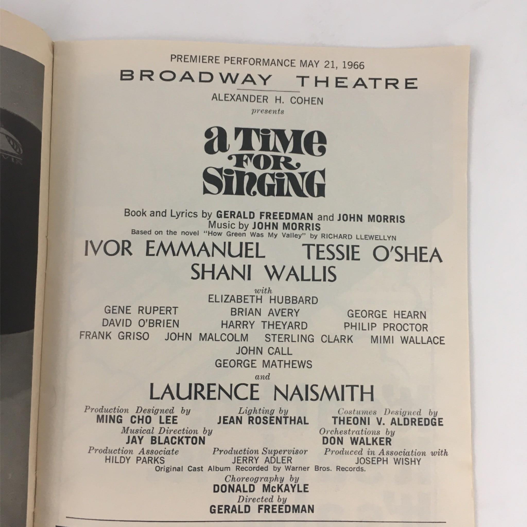 1966 Playbill A Time For Singing by Gerald Freedman, John Morris at Broadway