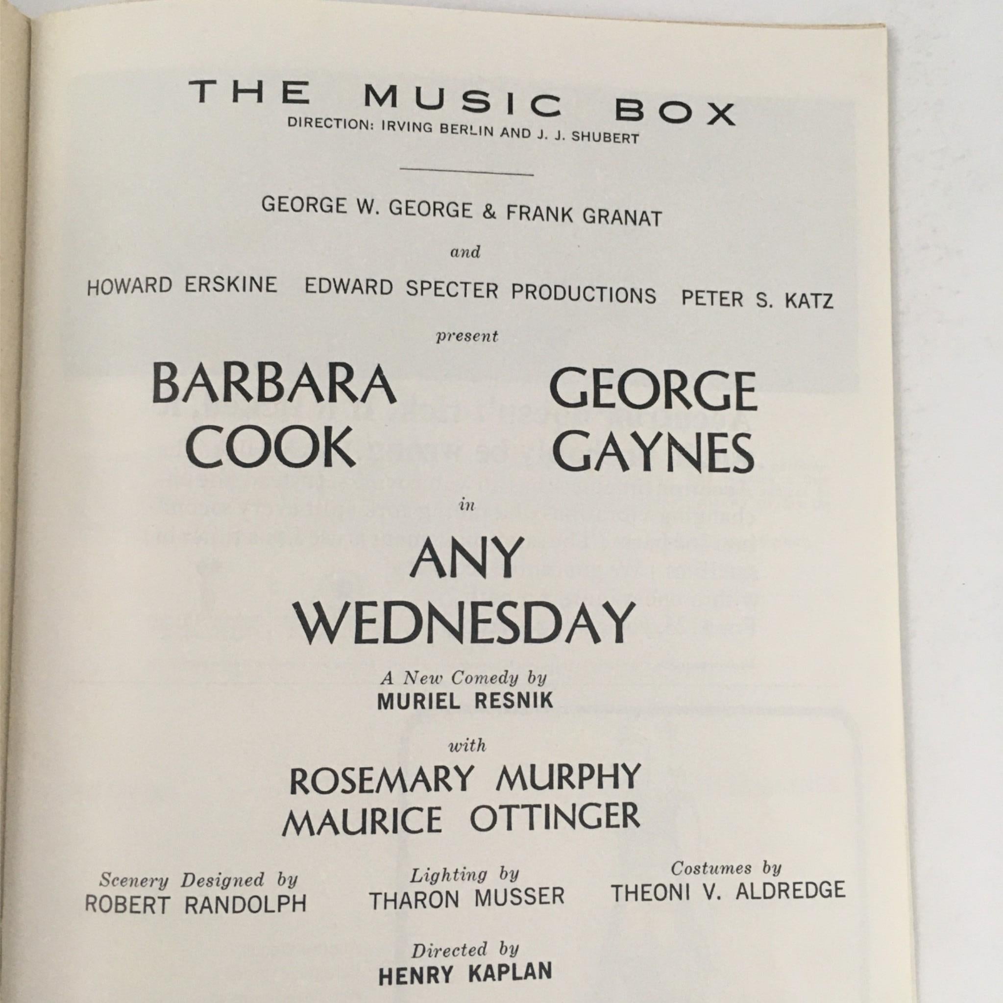 1966 Playbill Any Wednesday by Muriel Resnik, Henry Kaplan at The Music Box