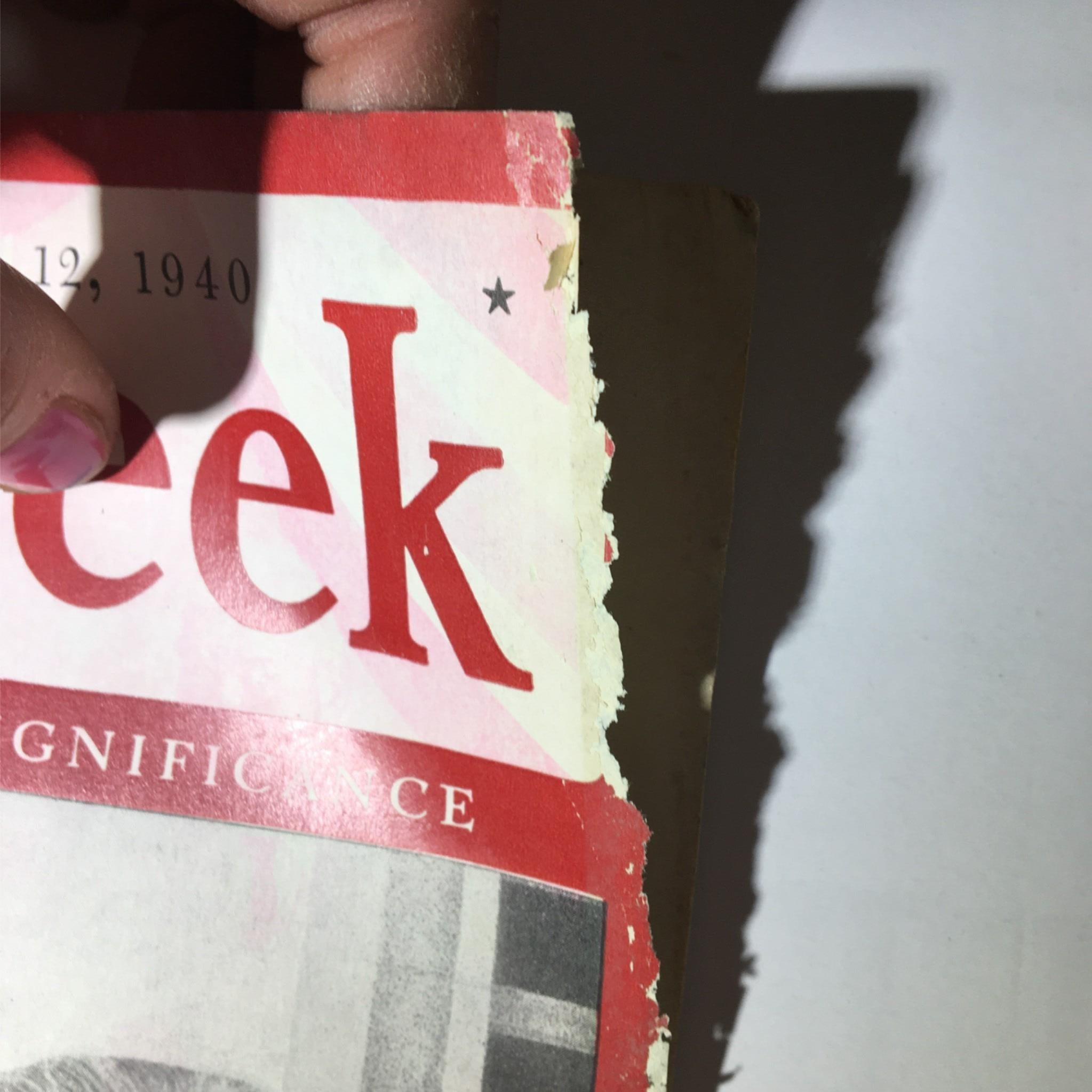 Detailed view of the back corner of Newsweek Magazine August 12, 1940, displaying age-related damage.