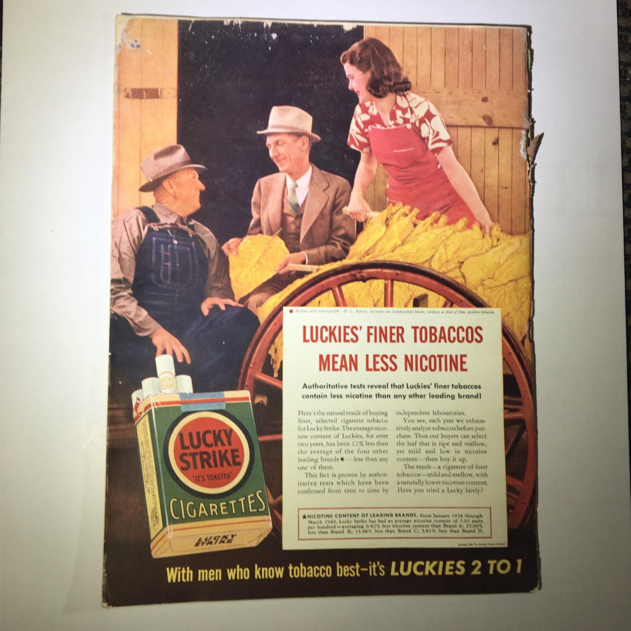 Newsweek Magazine August 12, 1940 featuring an advertisement for Lucky Strike cigarettes, showcasing three people engaged in the tobacco industry. The image includes vibrant colors and an informative text regarding the benefits of Lucky's finer tobaccos, adding historical context to the vintage publication.
