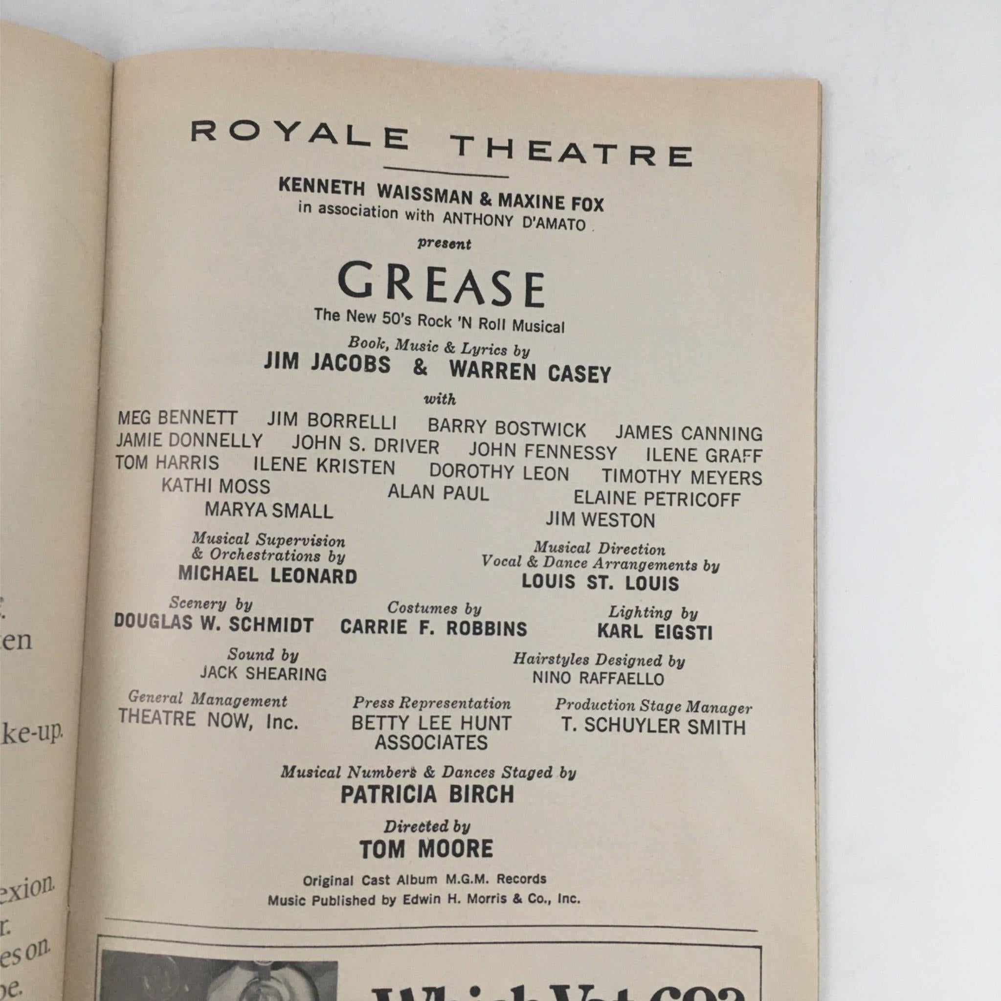 1973 Playbill Grease by Jim Jacobs, Warren Casey, Tom Moore at Royale Theatre