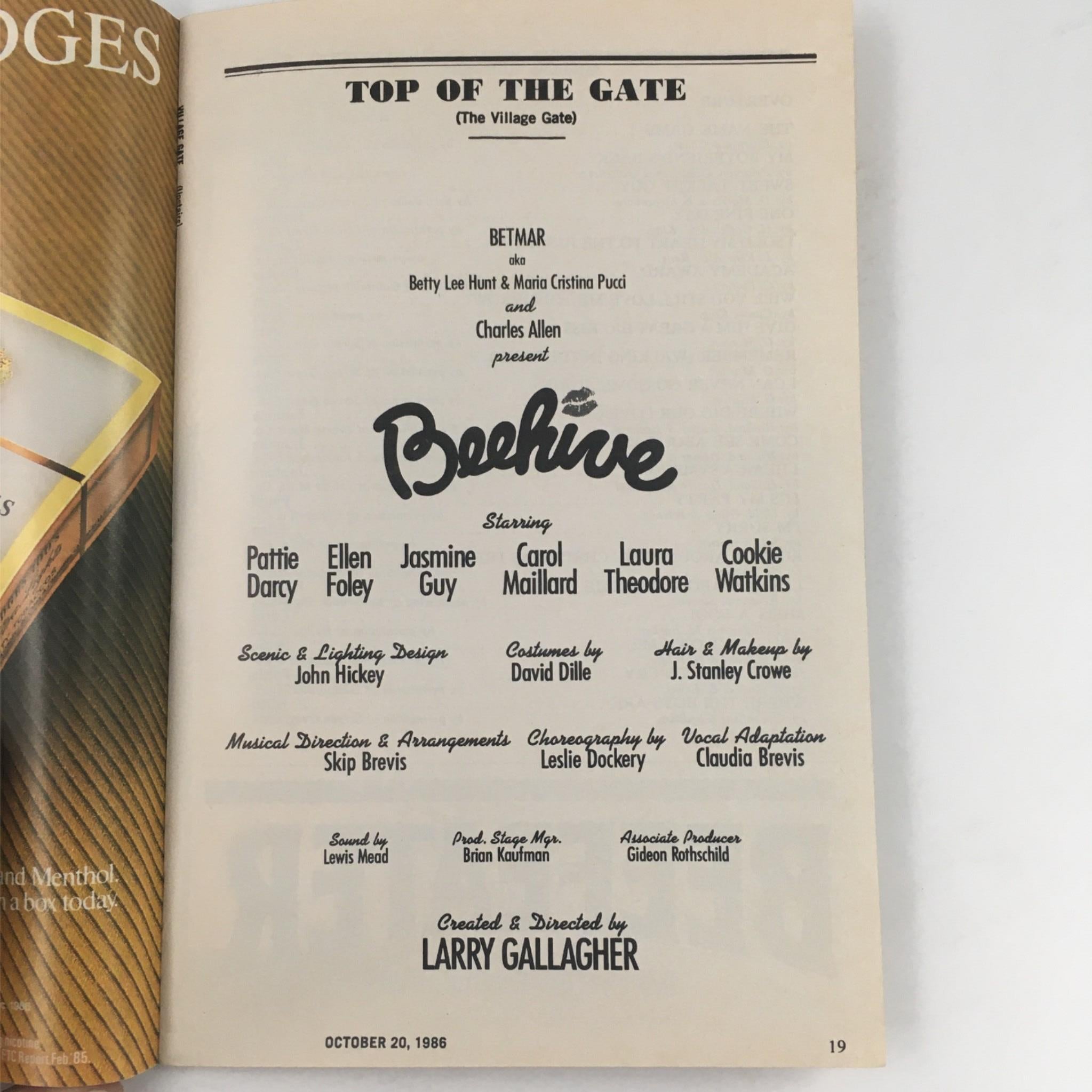 1986 Playbill Beehive by Charles Allen, Larry Gallagher at The Village Gate