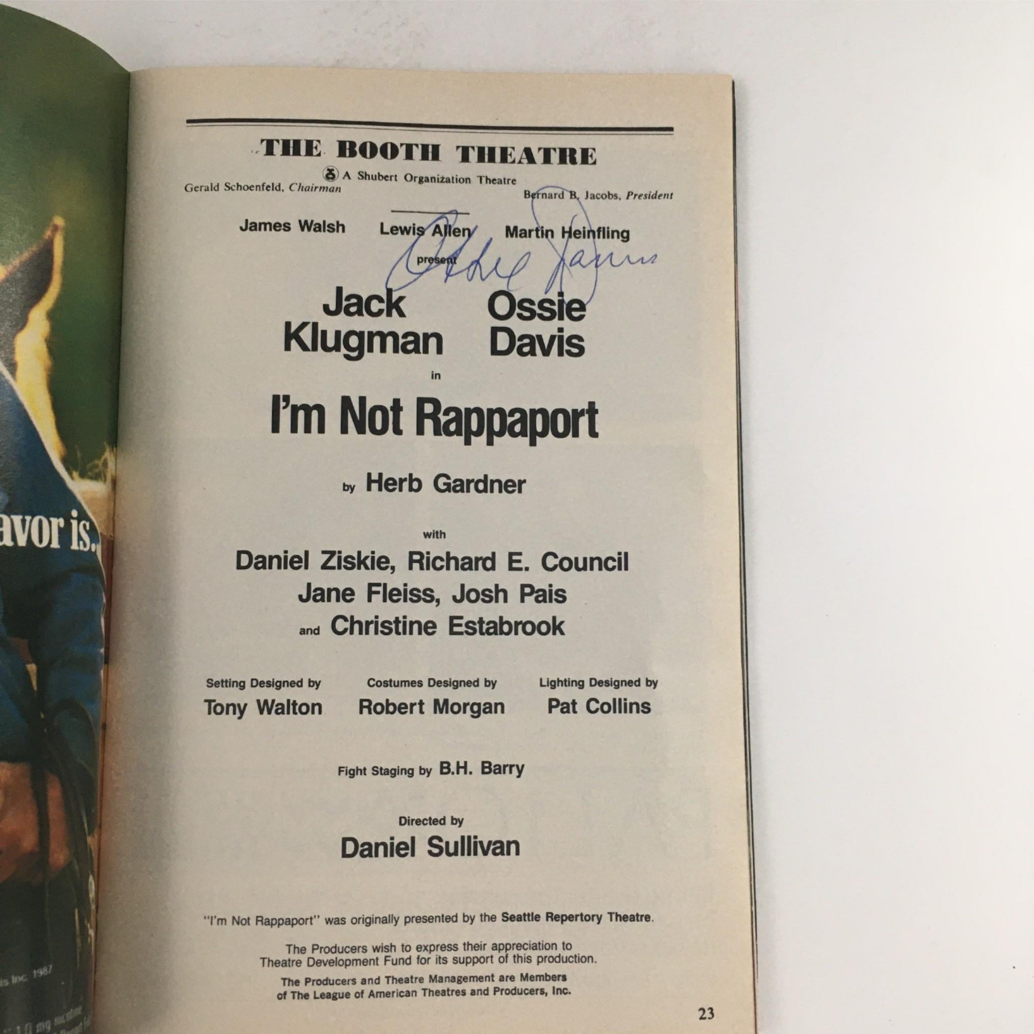 1987 Playbill I'm Not Rappaport Ossie Davis Signed, The Booth Theatre