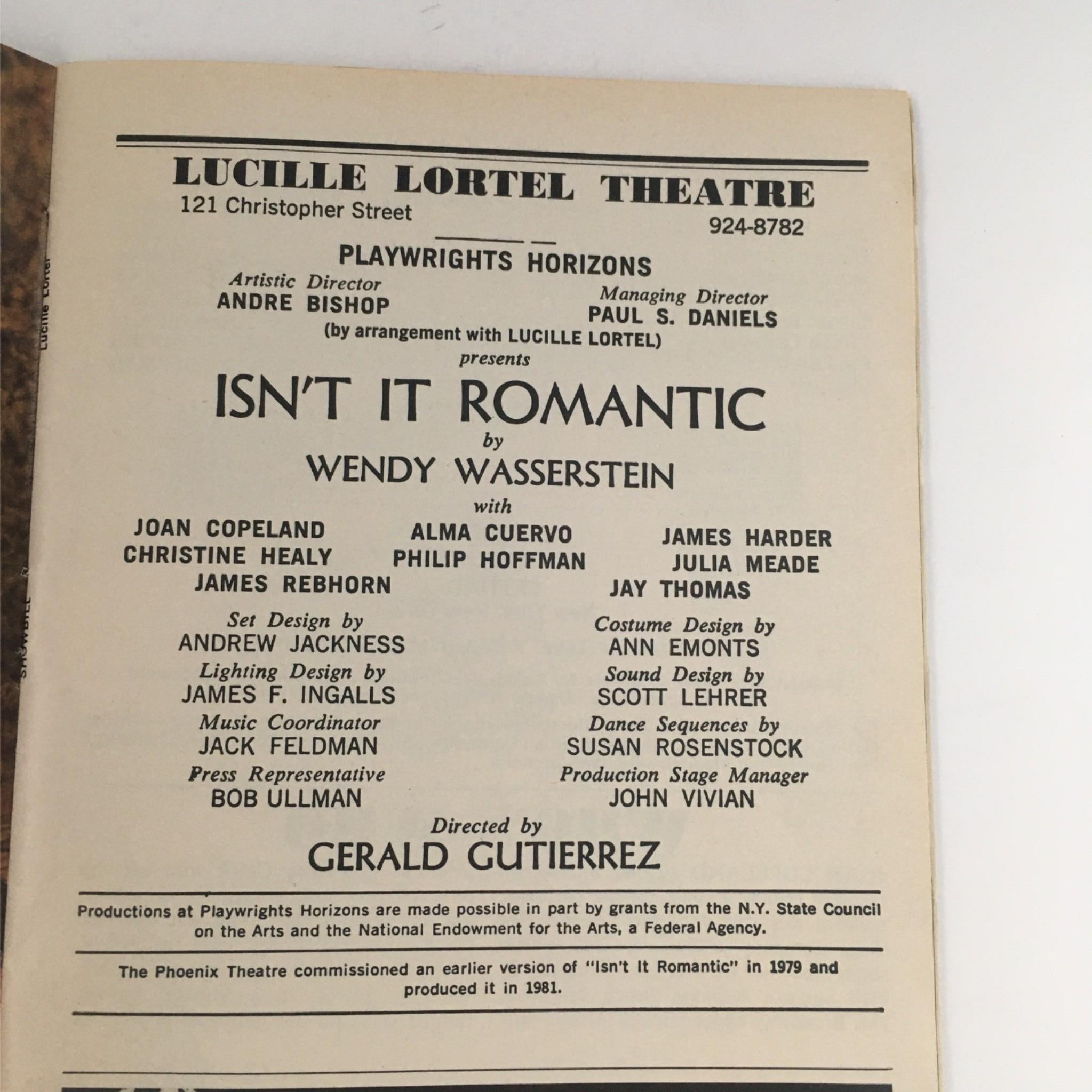 1984 Playbill Isn't It Romantic by Wendy Wasserstein at Lucille Lortel Theatre