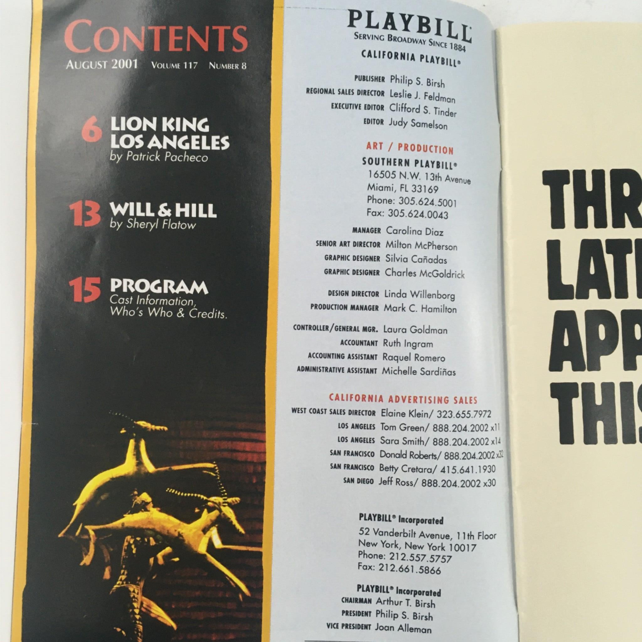 2001 Playbill The Lion King by Disney, Julie Taymor at Pantages Theatre