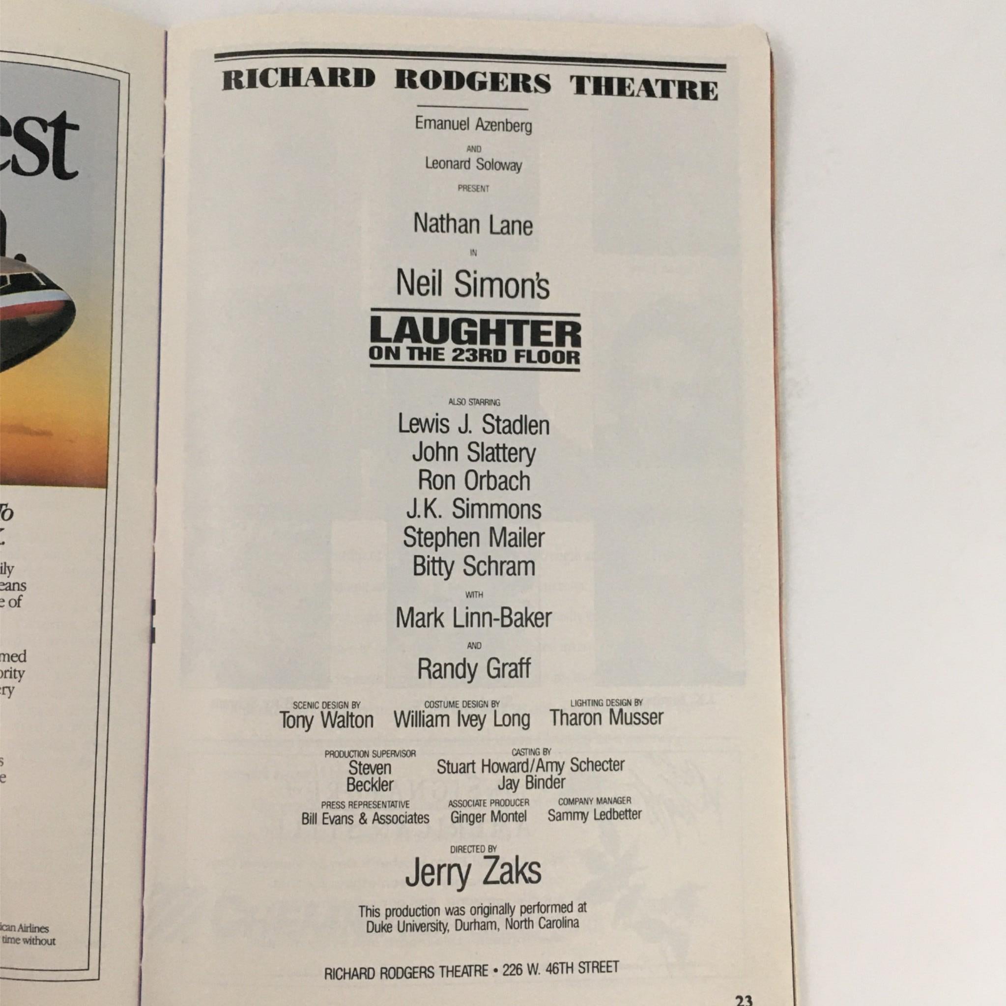 1994 Playbill Laughter On The 23rd Floor by Neil Simon, Jerry Zaks