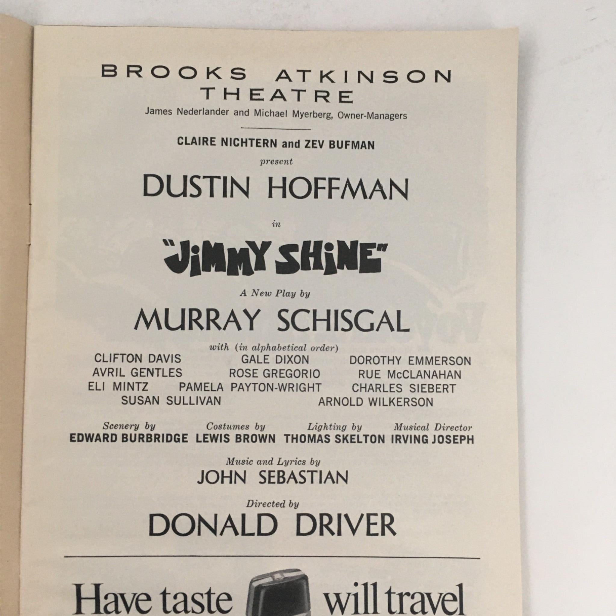 1969 Playbill Jimmy Shine by Murray Schisgal, Dustin Hoffman at Brooks Atkinson