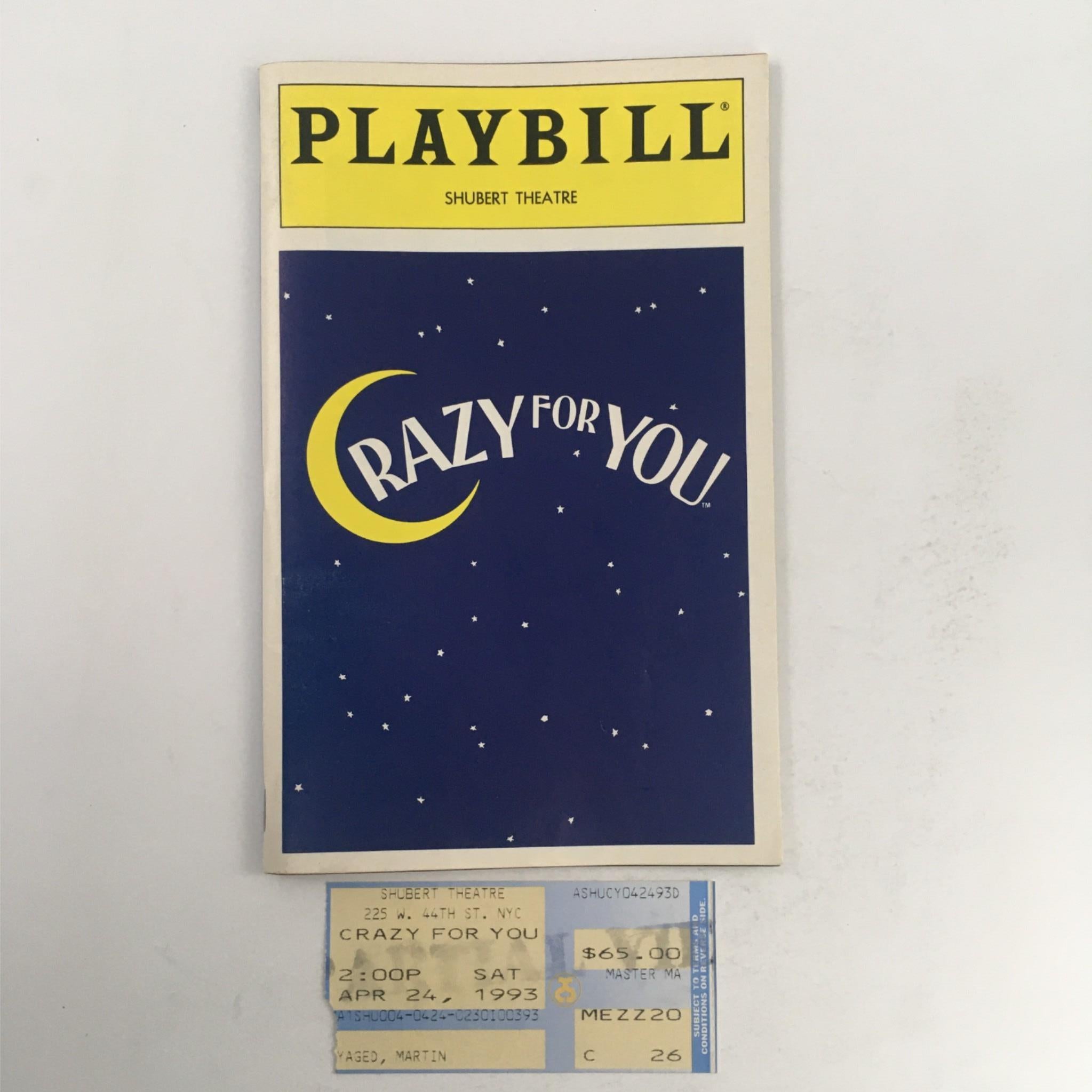 1993 Playbill Crazy For You by Mike Ockrent, George and Ira Gershwin w/ Tickets