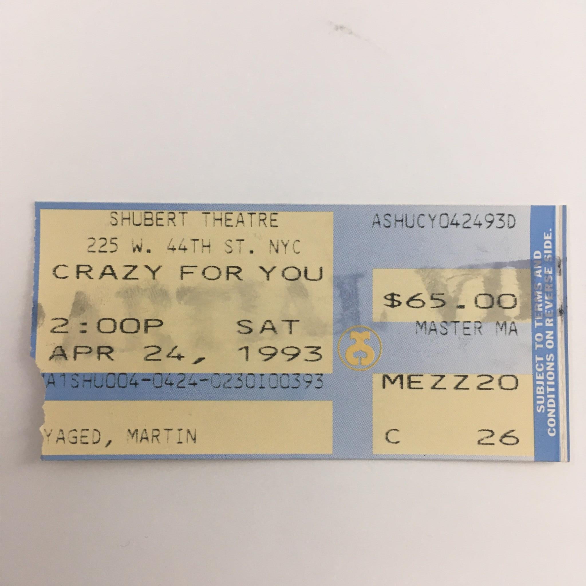 1993 Playbill Crazy For You by Mike Ockrent, George and Ira Gershwin w/ Tickets