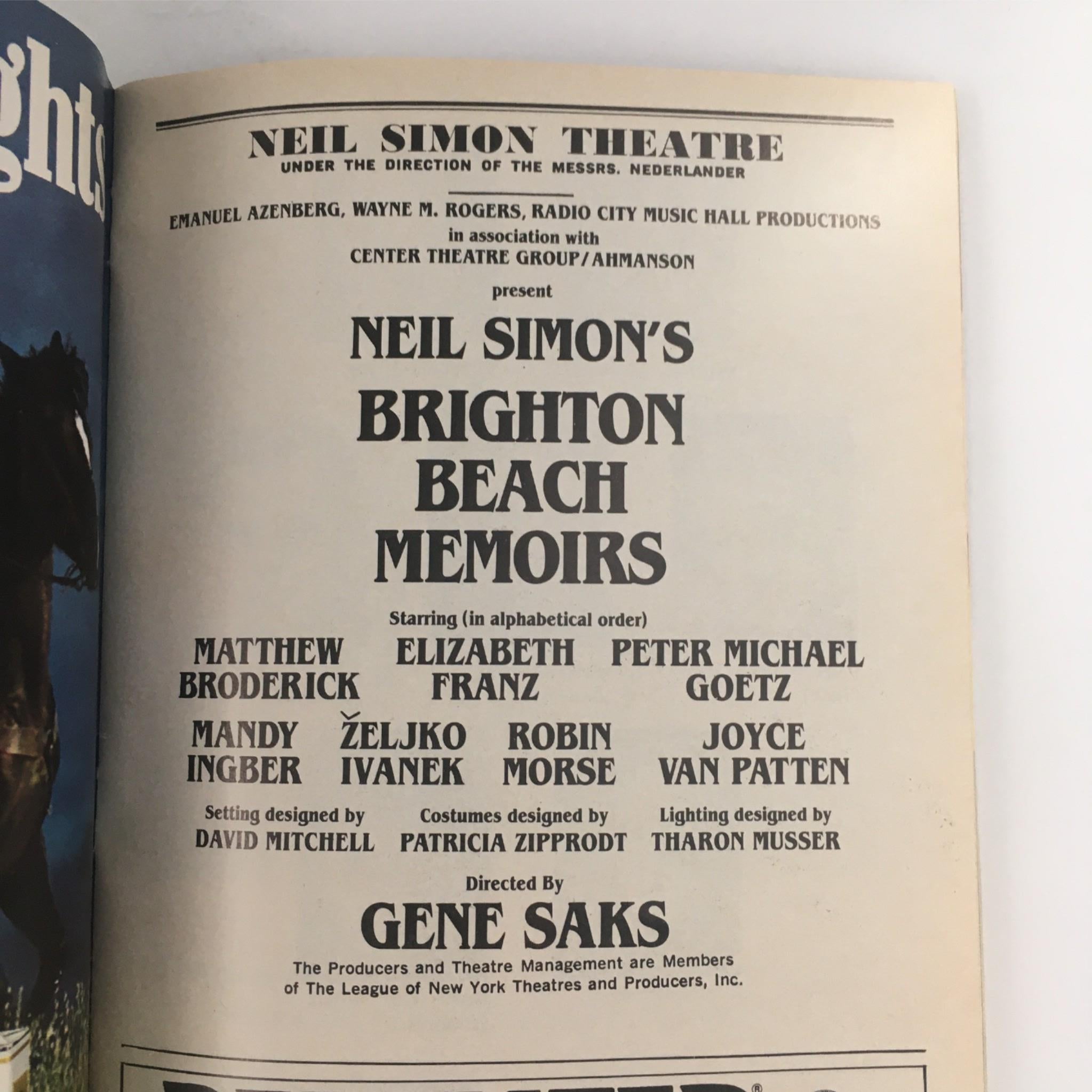 1983 Playbill Brighton Beach Memoirs by Gene Saks at Neil Simo Theatre VG