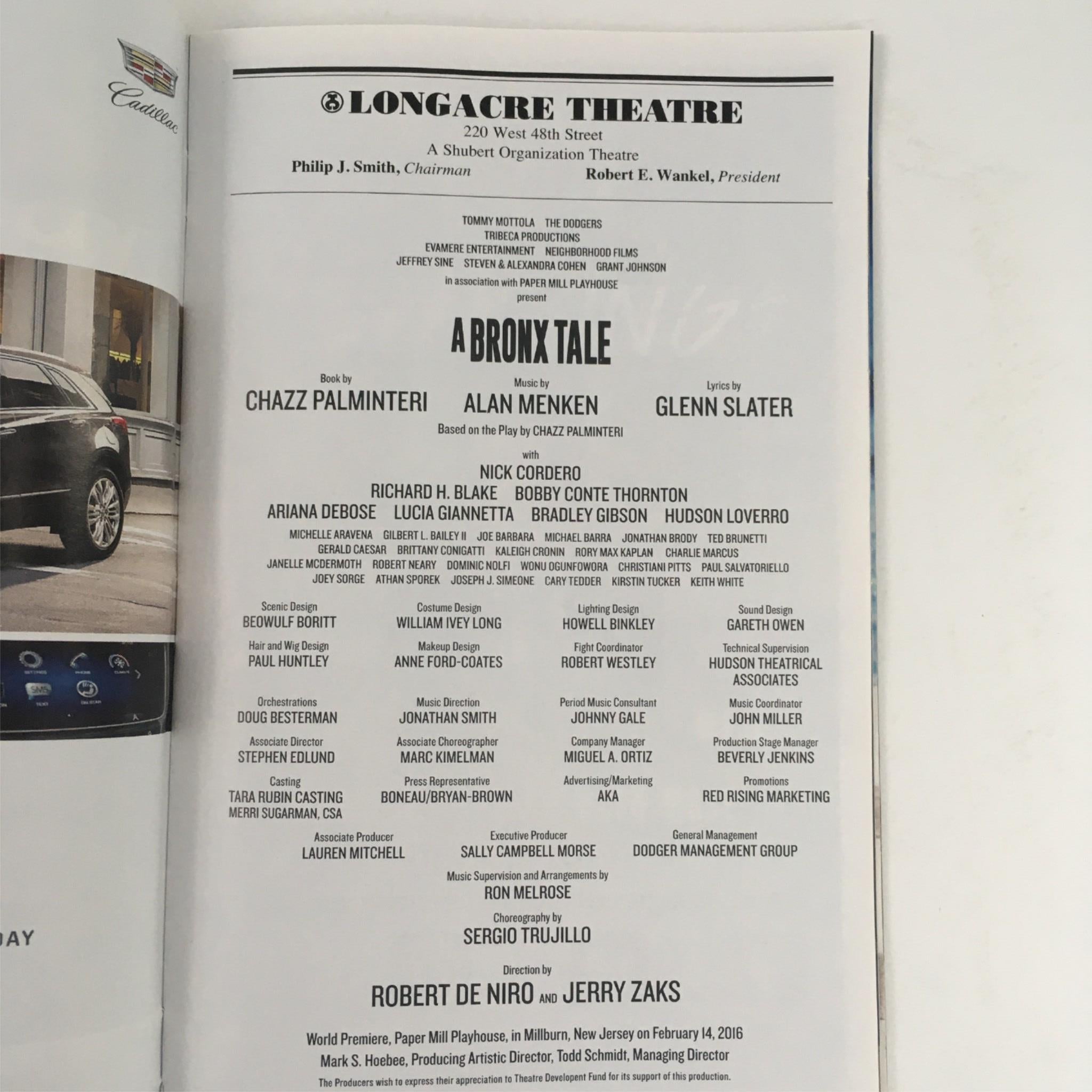 2017 Playbill A Bronx Tale by Robert De Niro, Jerry Saks at Longacre Theatre VG