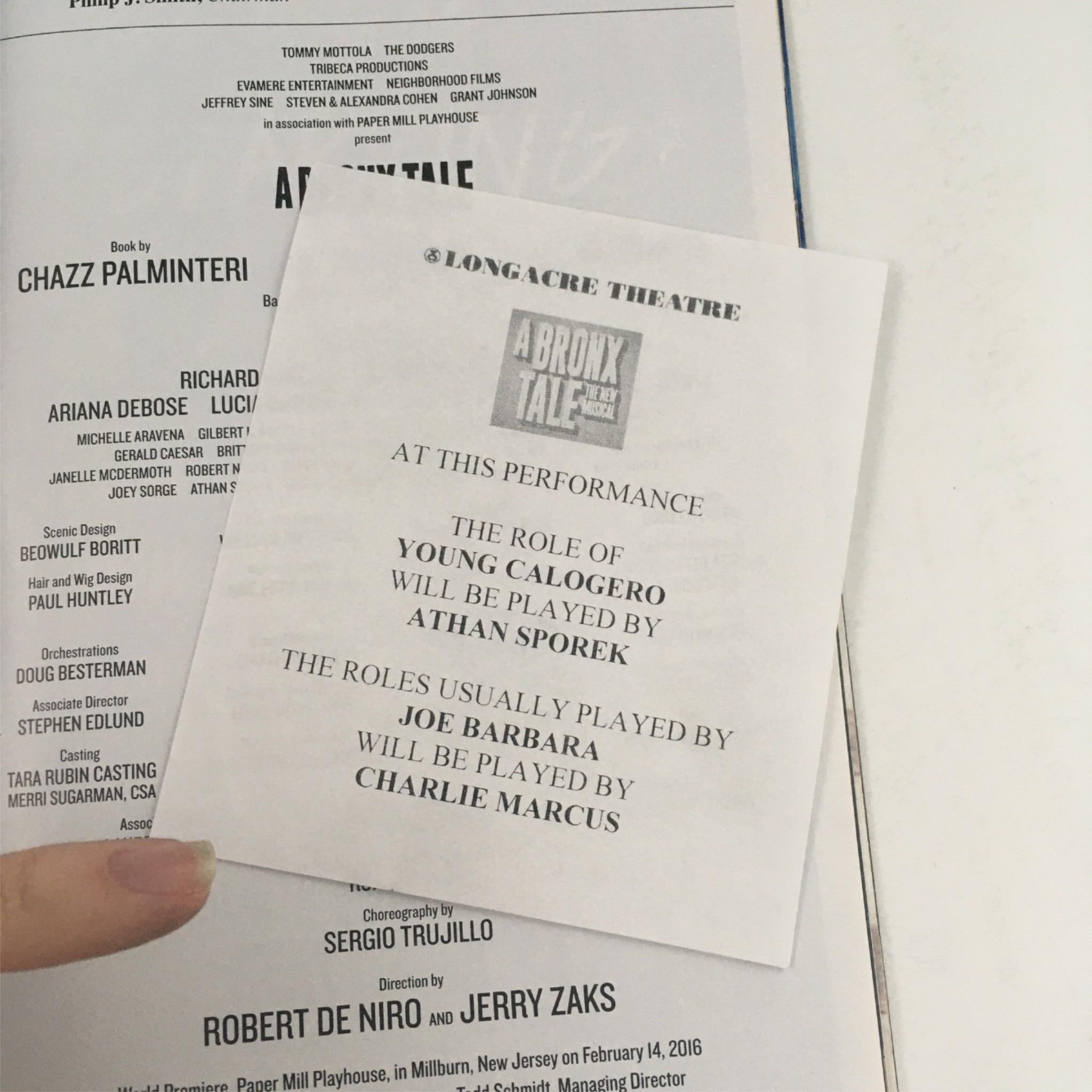 2017 Playbill A Bronx Tale by Robert De Niro, Jerry Saks at Longacre Theatre VG