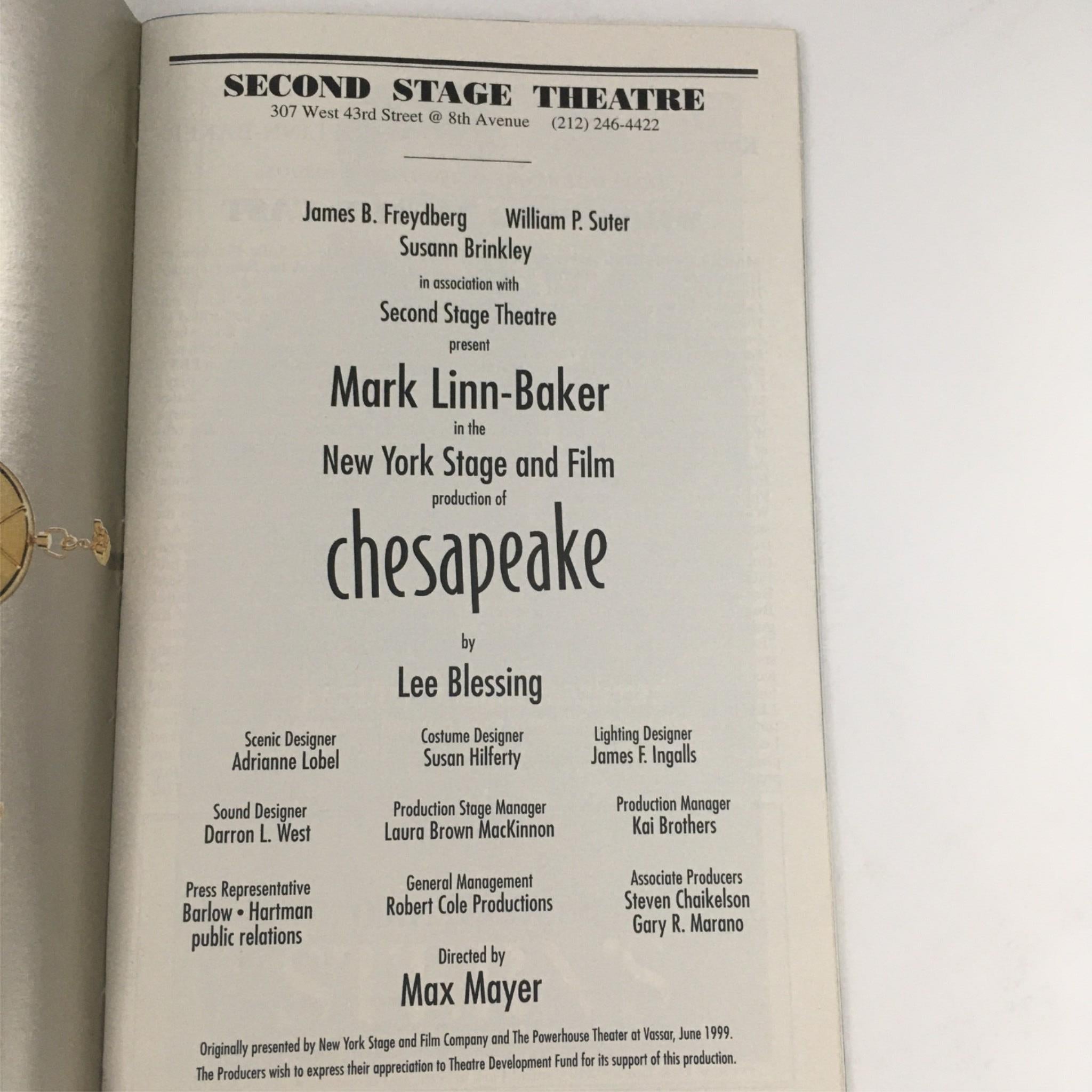 1999 Playbill Chesapeake by Lee Blessing, Max Mayer at Second Stage Theatre VG