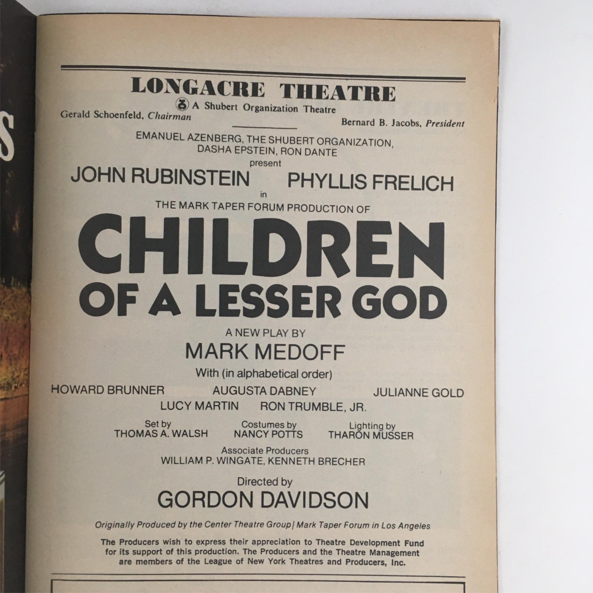 1981 Playbill Children Of A Lesser God by Mark Medoff at Longacre Theatre VG