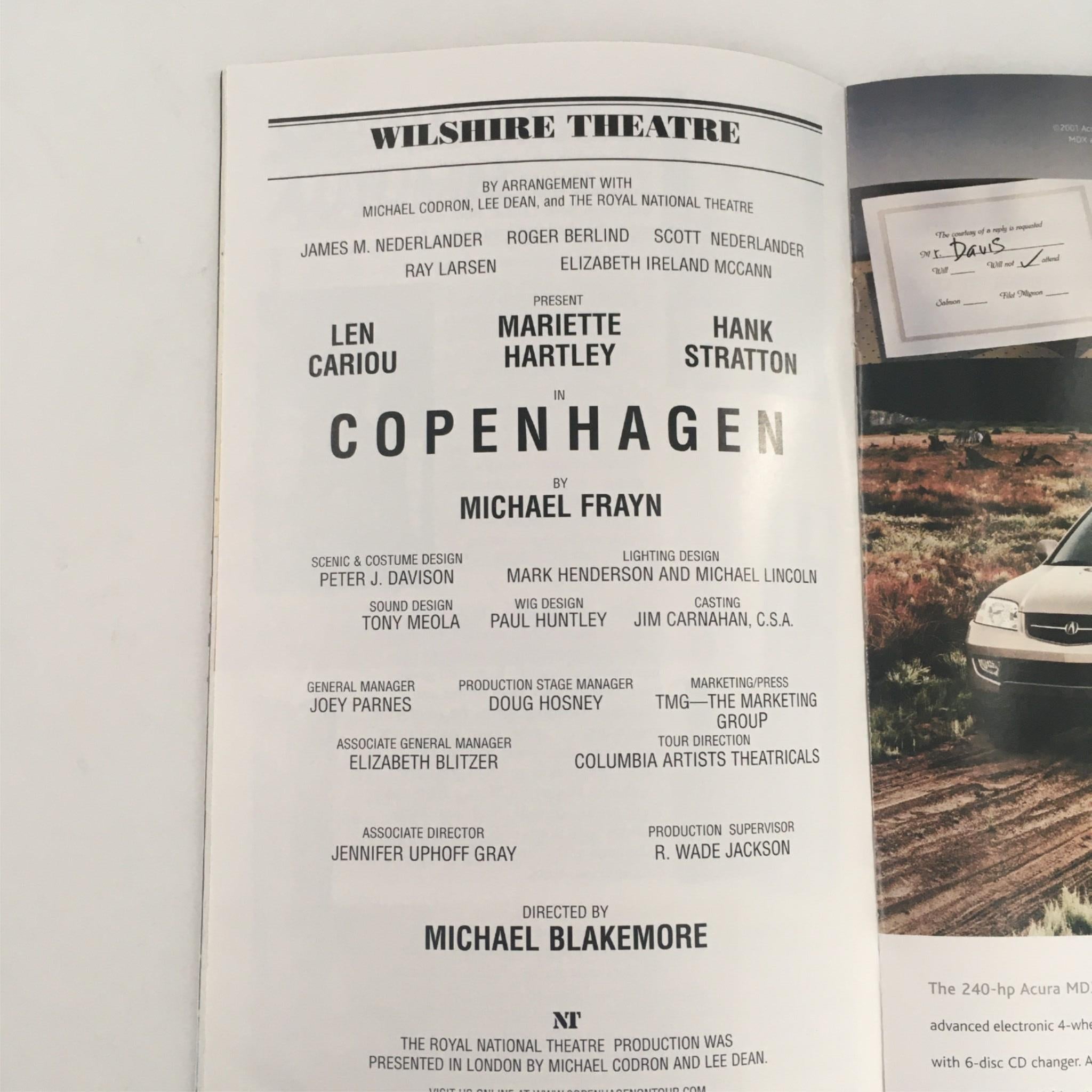 2001 Playbill Copenhagen by Michael Frayn, Michael Blakemore Wilshire Theatre VG