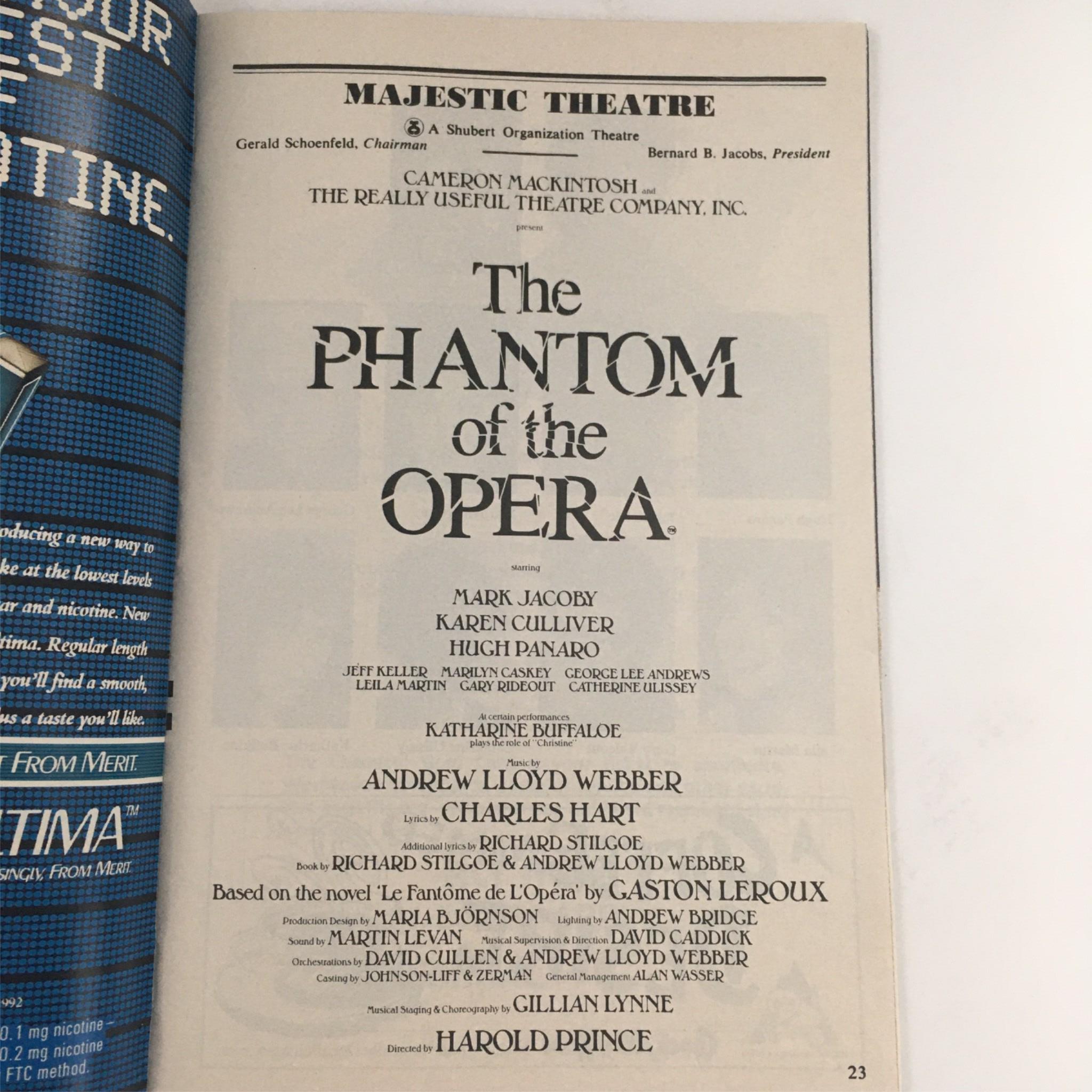 1992 Playbill The Phantom Of The Opera by Cameron Mackintosh Majestic Theatre VG