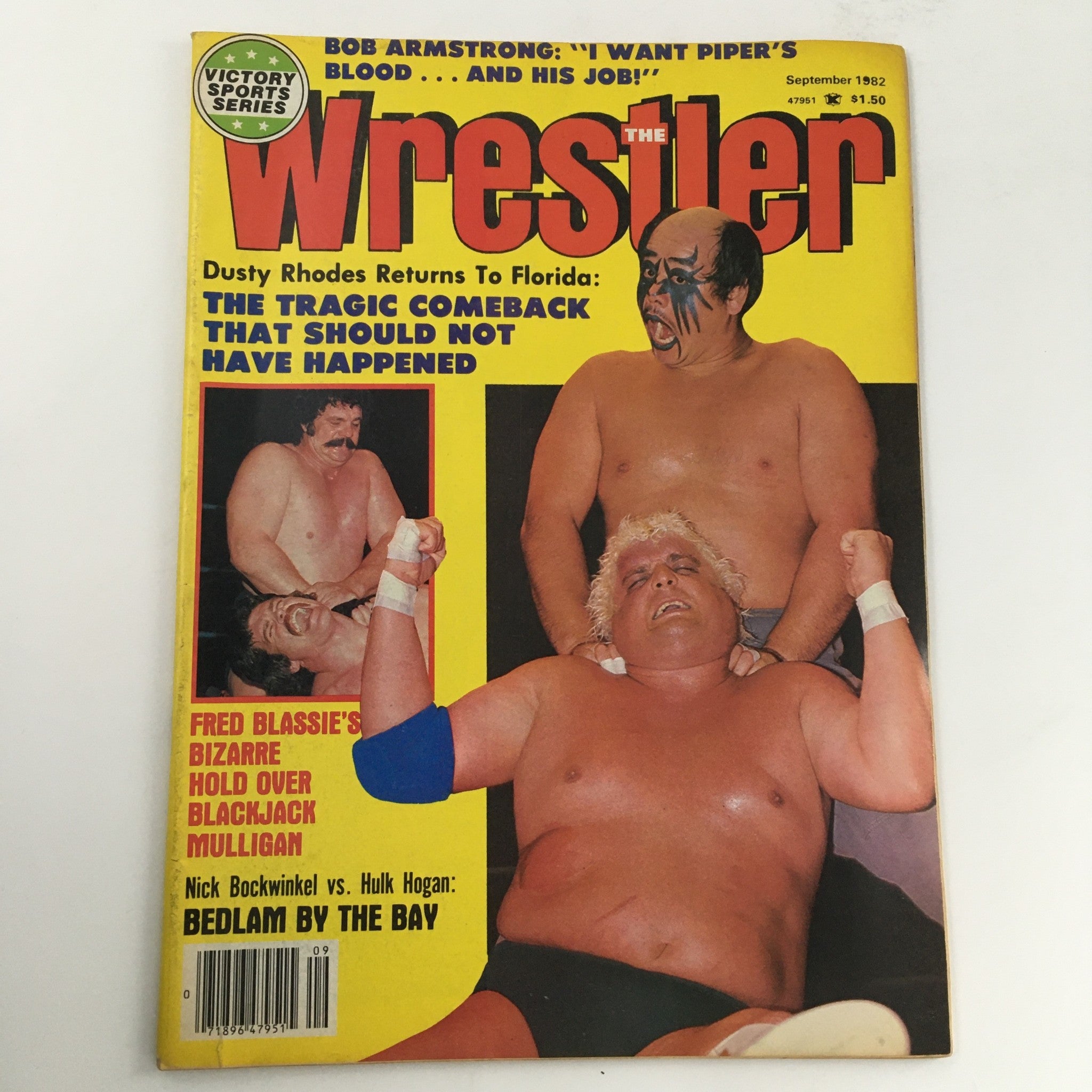 The Wrestler Magazine September 1982 cover featuring Dusty Rhodes, Fred Blassie, and Hulk Hogan, highlighting wrestling events and ratings.