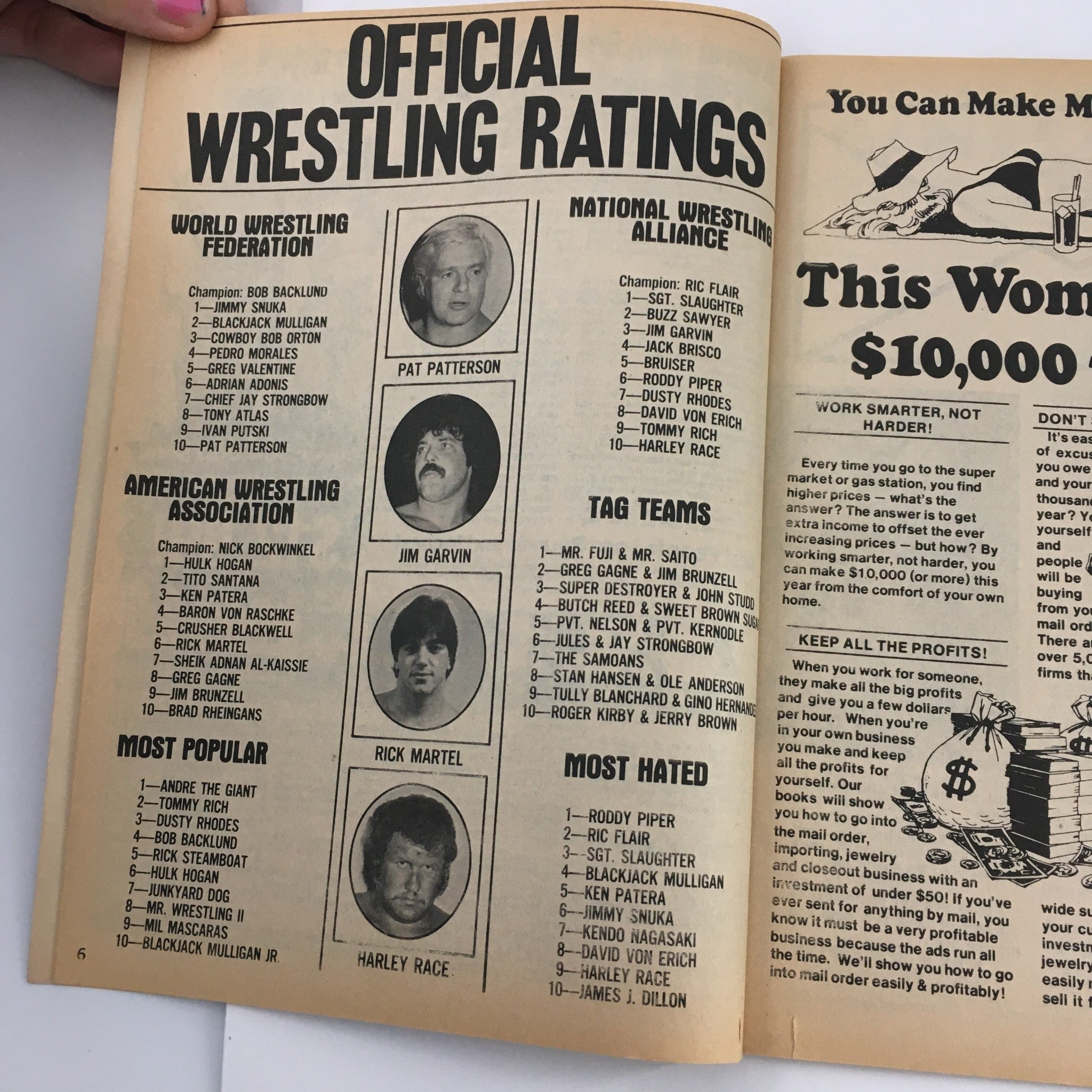 Inside page of The Wrestler Magazine September 1982 displaying official wrestling ratings, featuring popular wrestlers like Hulk Hogan and Jim Garvin.