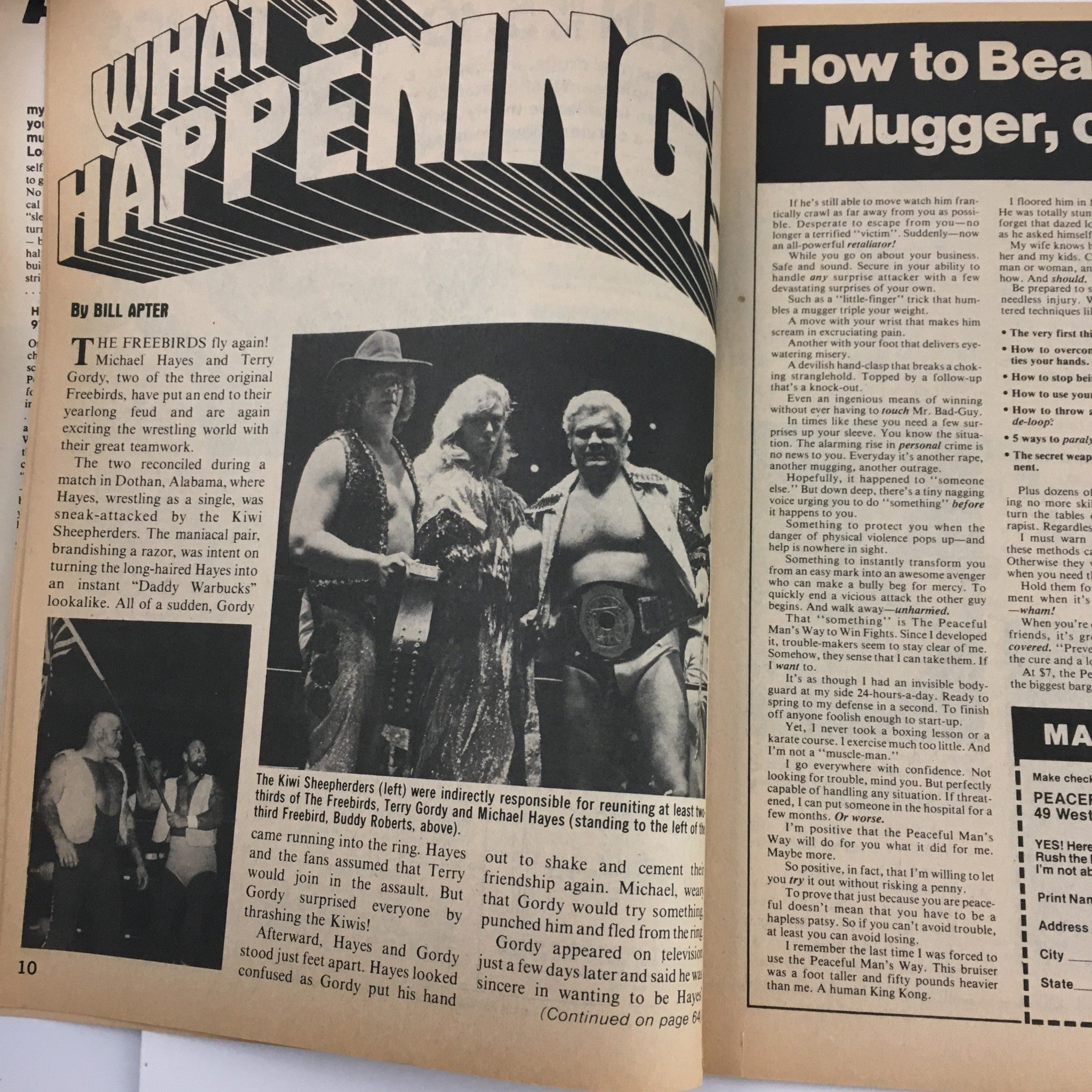 Another inside page from The Wrestler Magazine September 1982 titled 'What's Happening,' detailing wrestling events with images of Michael Hayes and Terry Gordy.
