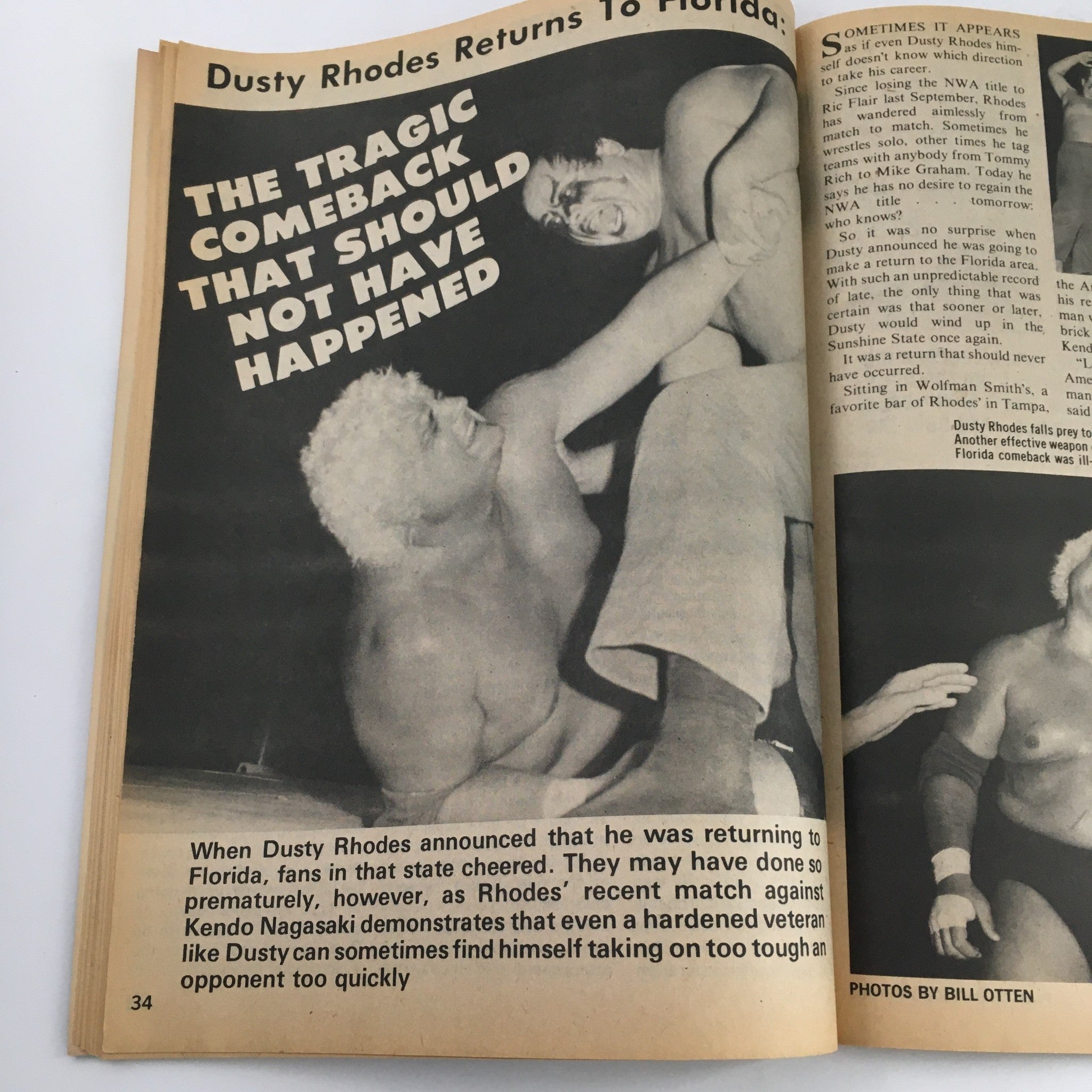 Interior page of The Wrestler Magazine September 1982 discussing Dusty Rhodes' return to Florida with an article titled 'The Tragic Comeback That Should Not Have Happened.'