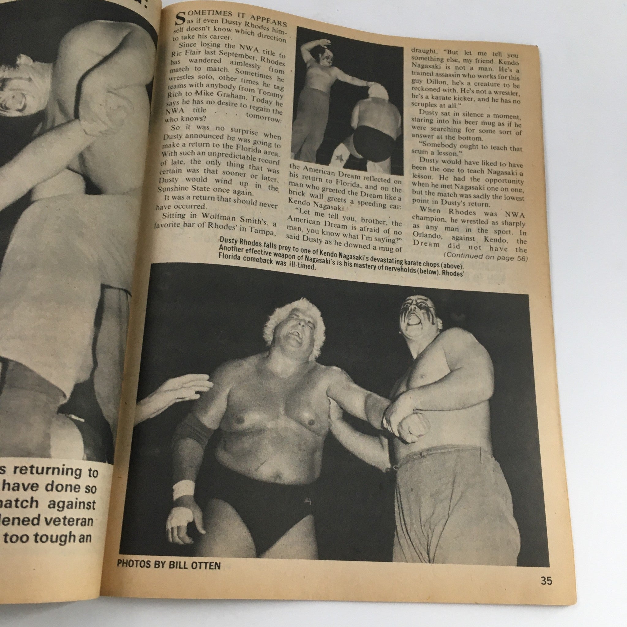 The Wrestler Magazine September 1982 featuring Dusty Rhodes in action, showcasing moments from professional wrestling, with interesting articles and photos reflecting the era's iconic wrestlers.