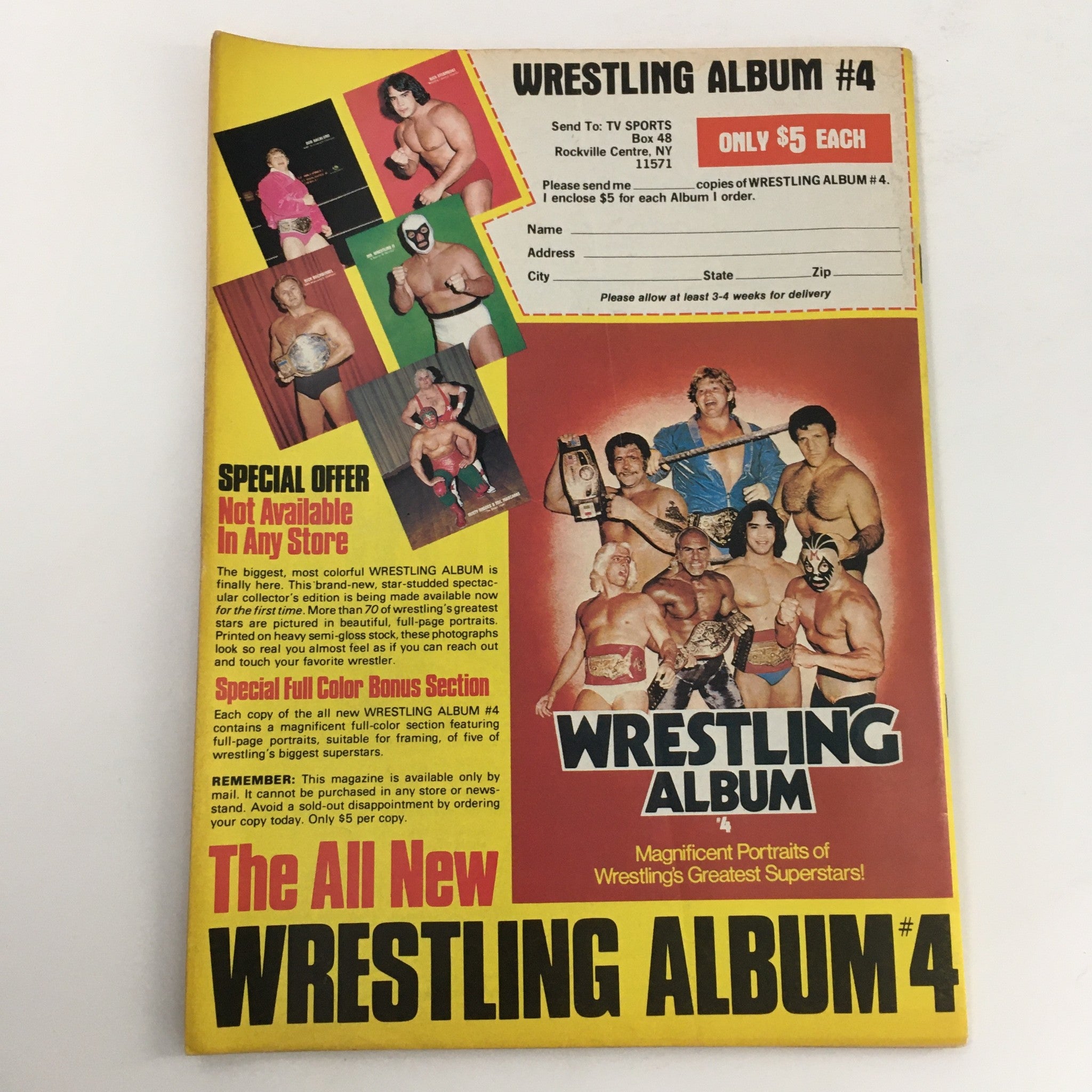 The Wrestler Magazine September 1982 back cover featuring Wrestling Album #4 promotional content, highlighting popular wrestlers and exclusive offers for collectors.