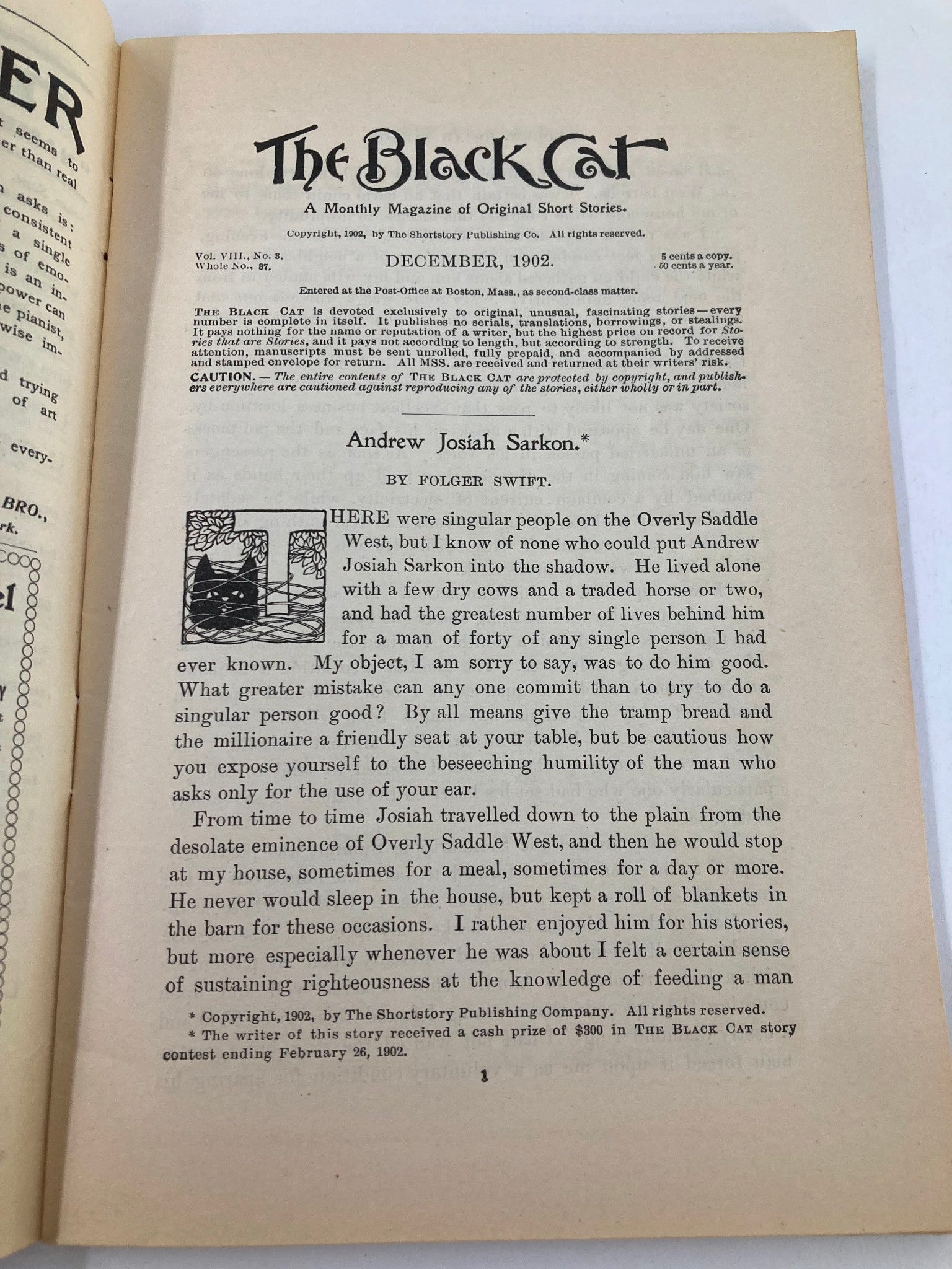 VTG The Black Cat Magazine December 1902 The Great White Serpent No Label