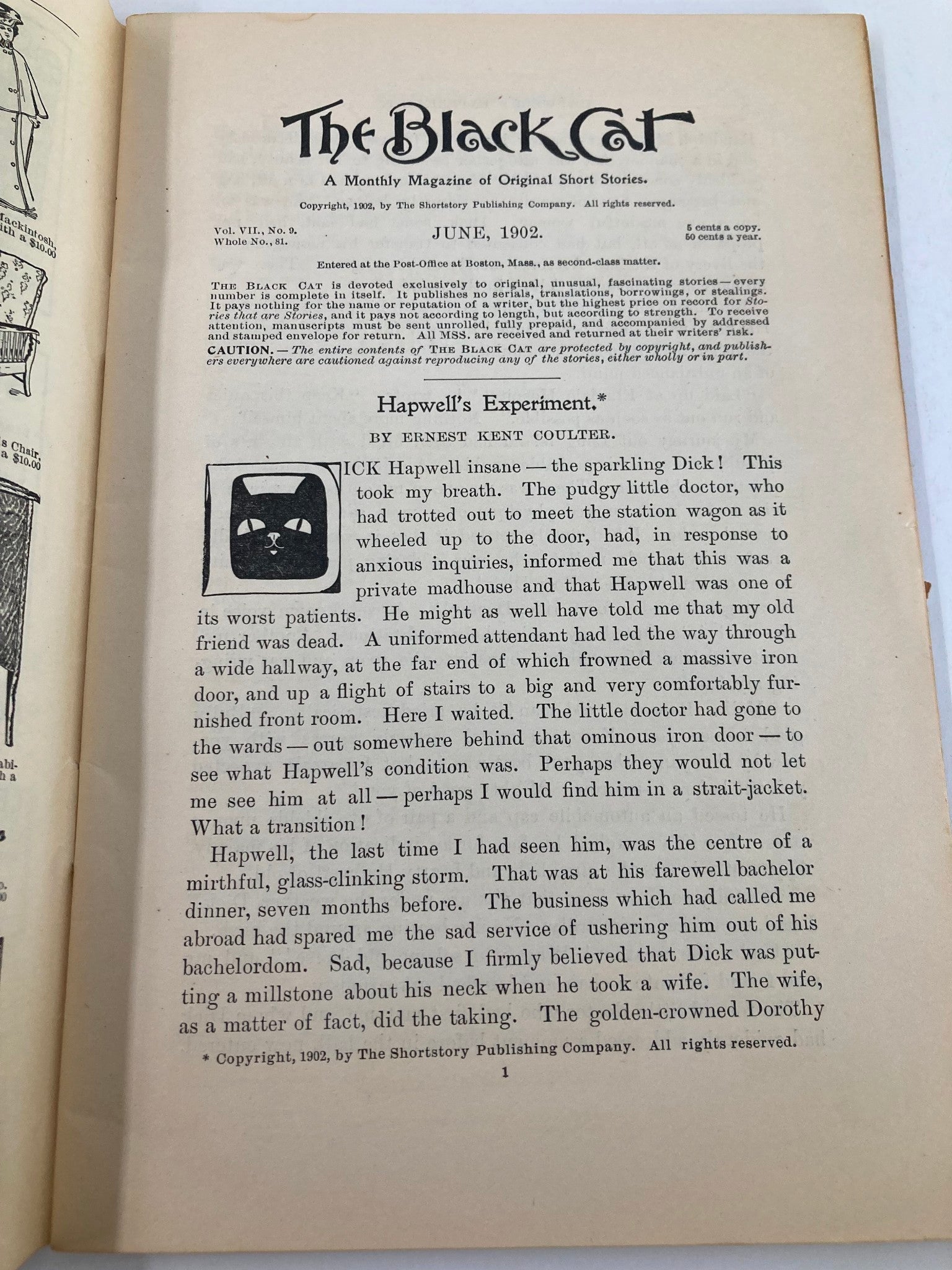 VTG The Black Cat Magazine June 1902 The Funeral at Paradise Bar No Label