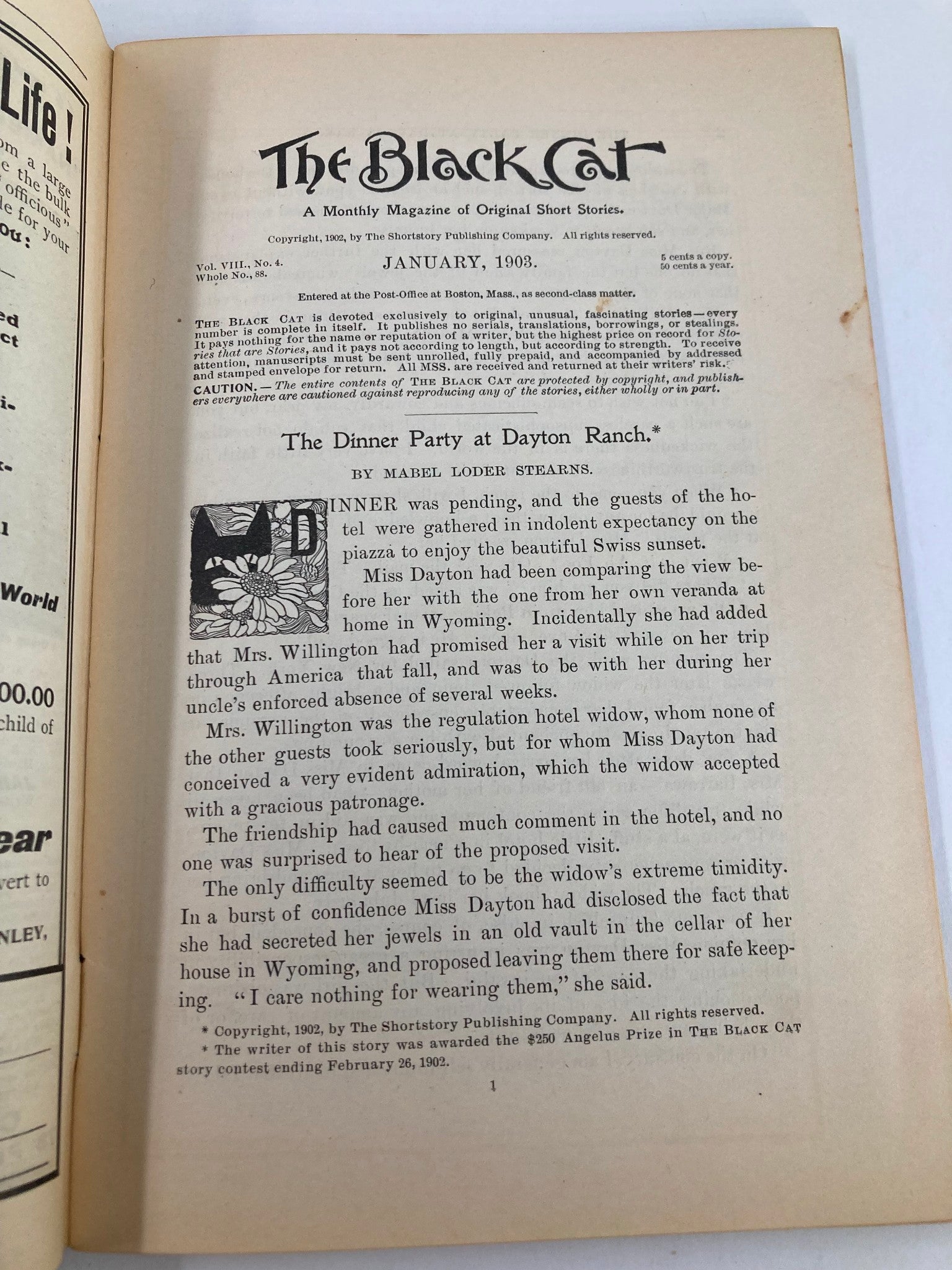 VTG The Black Cat Magazine January 1903 Should Chance Permit No Label