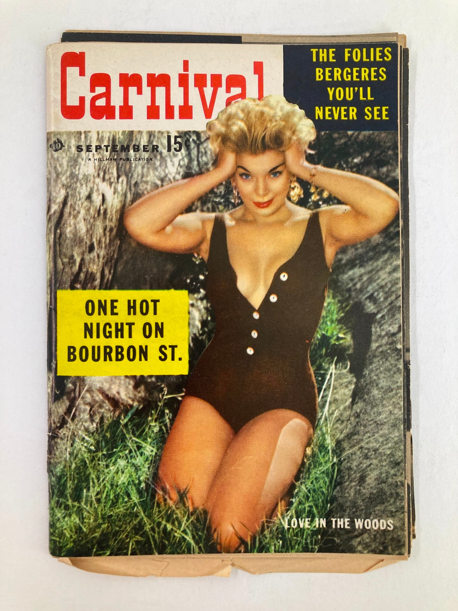 Vintage Carnival Pocket Magazine from the 1970s titled 'One Hot Night On Bourbon St.' featuring a glamorous cover with a woman in a swimsuit and bold red lettering.