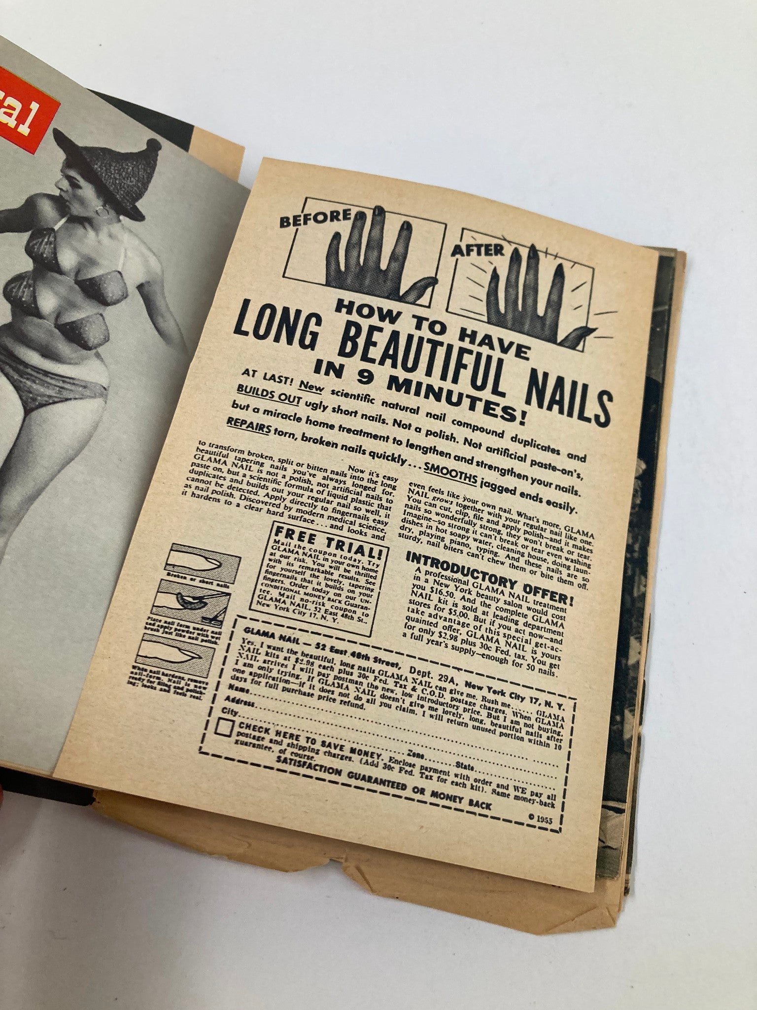 Vintage Carnival Pocket Magazine from the 1970s titled 'One Hot Night On Bourbon St.' featuring a page with an advertisement on how to have long beautiful nails in 9 minutes, showcasing before and after images of nails.
