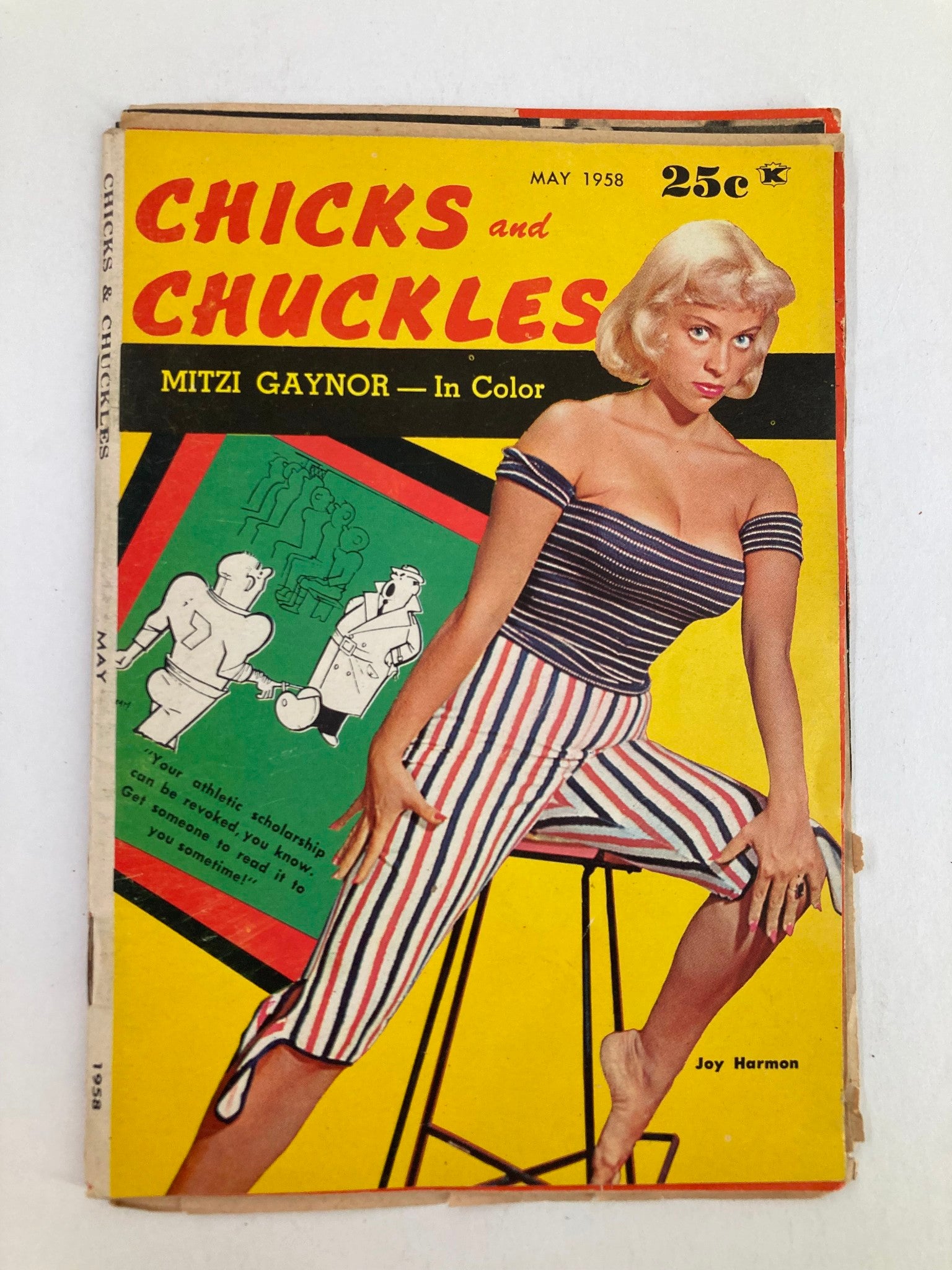 Vintage Chicks and Chuckles Magazine from May 1958 featuring Joy Harmon as the cover girl in a playful striped outfit.