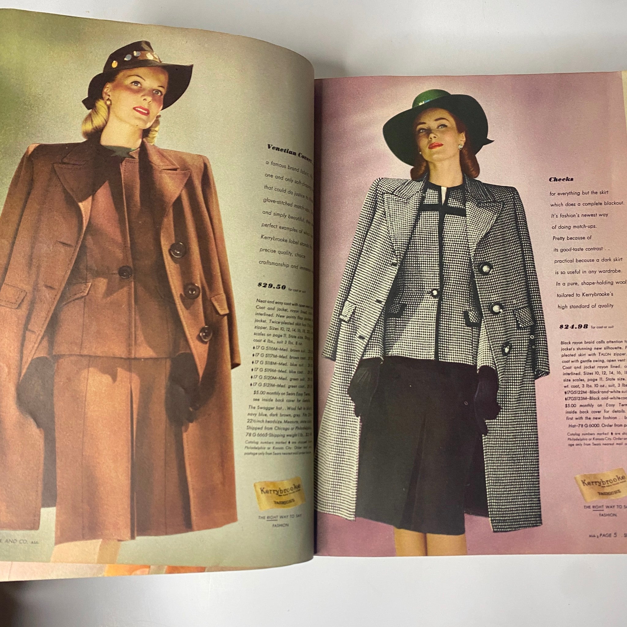 Inside pages of the 1946 - 1947 Sears, Roebuck and Co. Fall and Winter Catalog displaying two well-dressed women in elegant outerwear, showcasing classic fashion styles from the late 1940s.