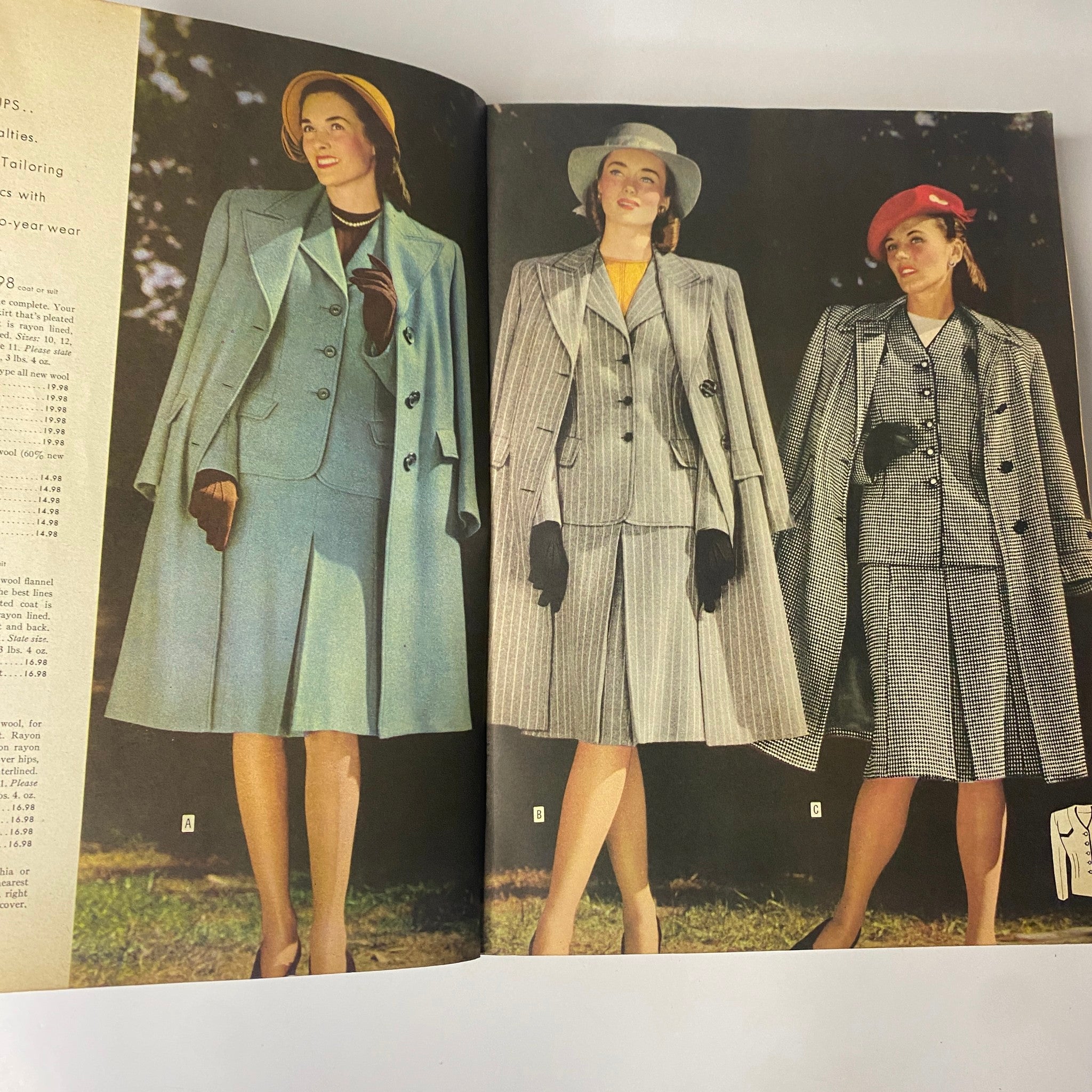 Another interior view from the 1946 - 1947 Sears, Roebuck and Co. Fall and Winter Catalog featuring three models in vintage suits, exemplifying mid-century fashion and style.