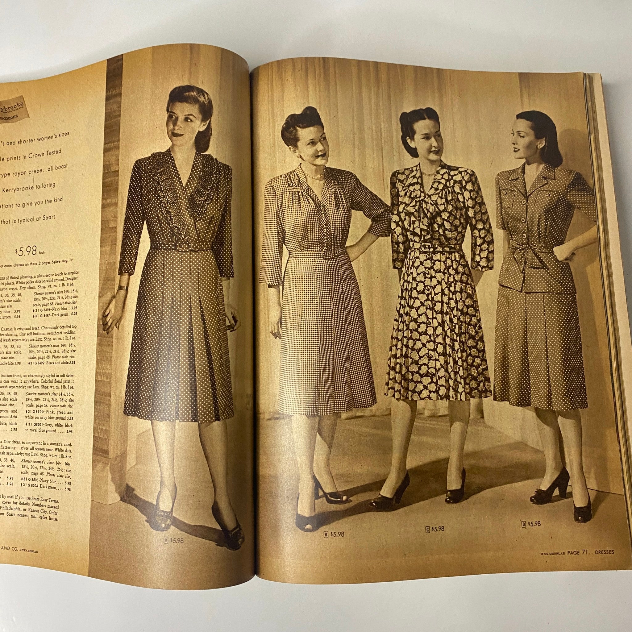 Additional interior spread from the 1946 - 1947 Sears, Roebuck and Co. Fall and Winter Catalog presenting four women in 1940s dresses, capturing the fashion aesthetics of the period.