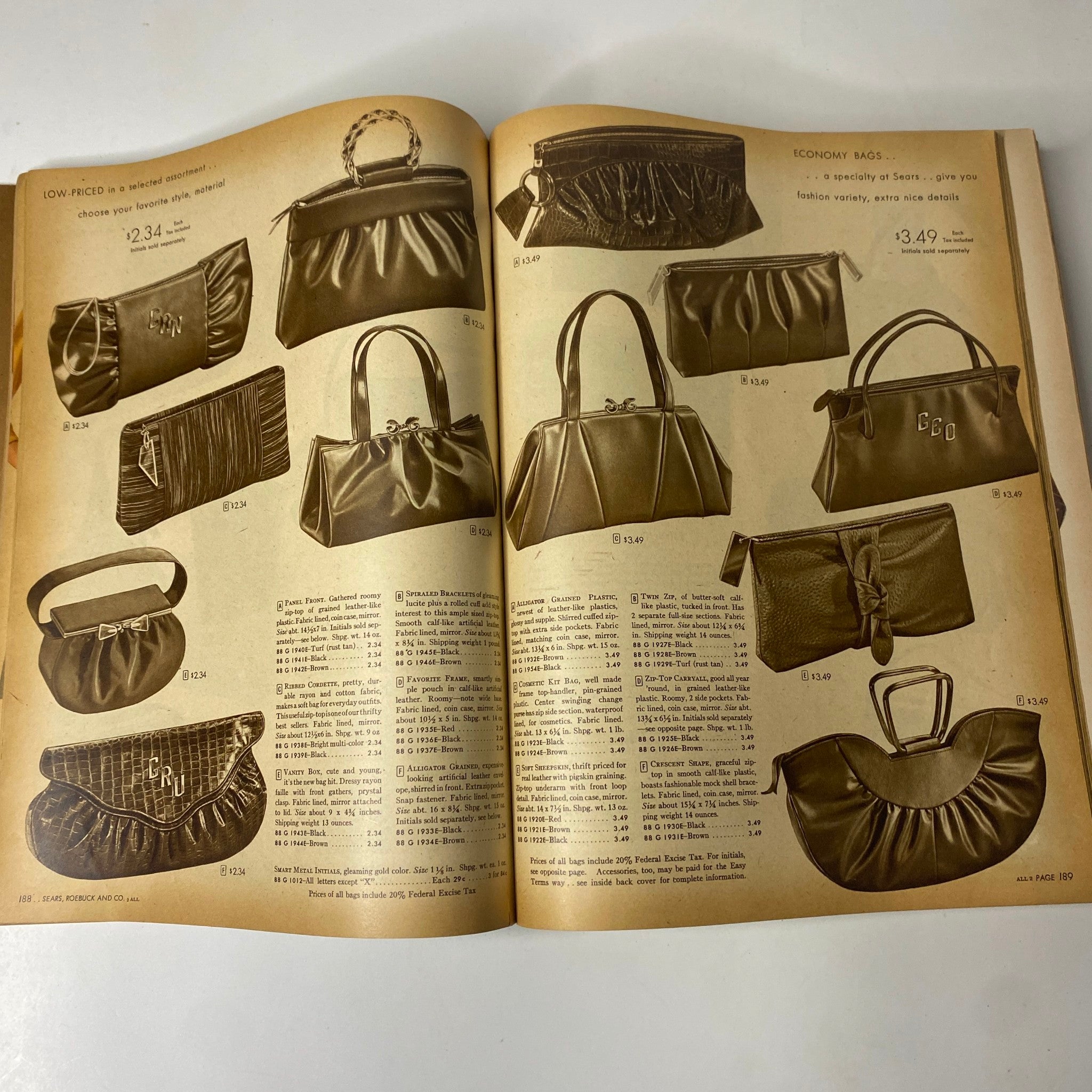 1946 - 1947 Sears, Roebuck and Co. Fall and Winter Catalog showcasing various economy handbags with prices and descriptions.