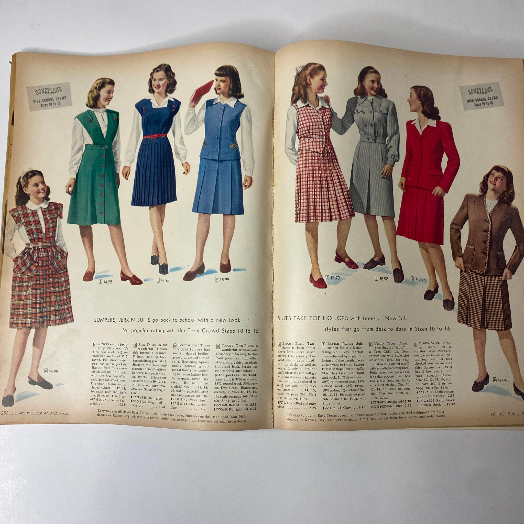 1946 - 1947 Sears, Roebuck and Co. Fall and Winter Catalog featuring stylish jumpers and suits for teenagers, highlighting the new fall fashion trends.