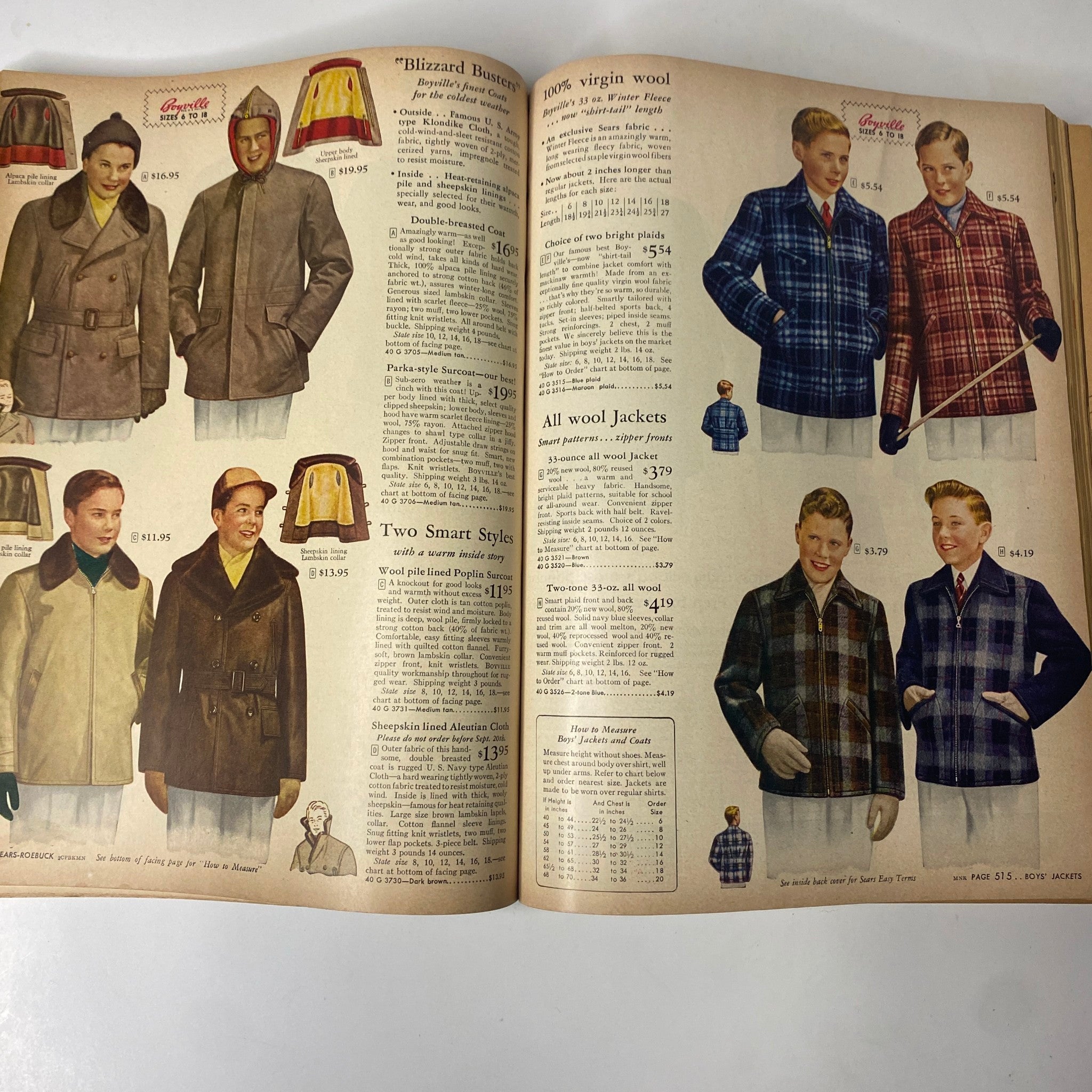 1946 - 1947 Sears, Roebuck and Co. Fall and Winter Catalog displaying a selection of winter jackets and coats for boys, emphasizing mid-century fashion.
