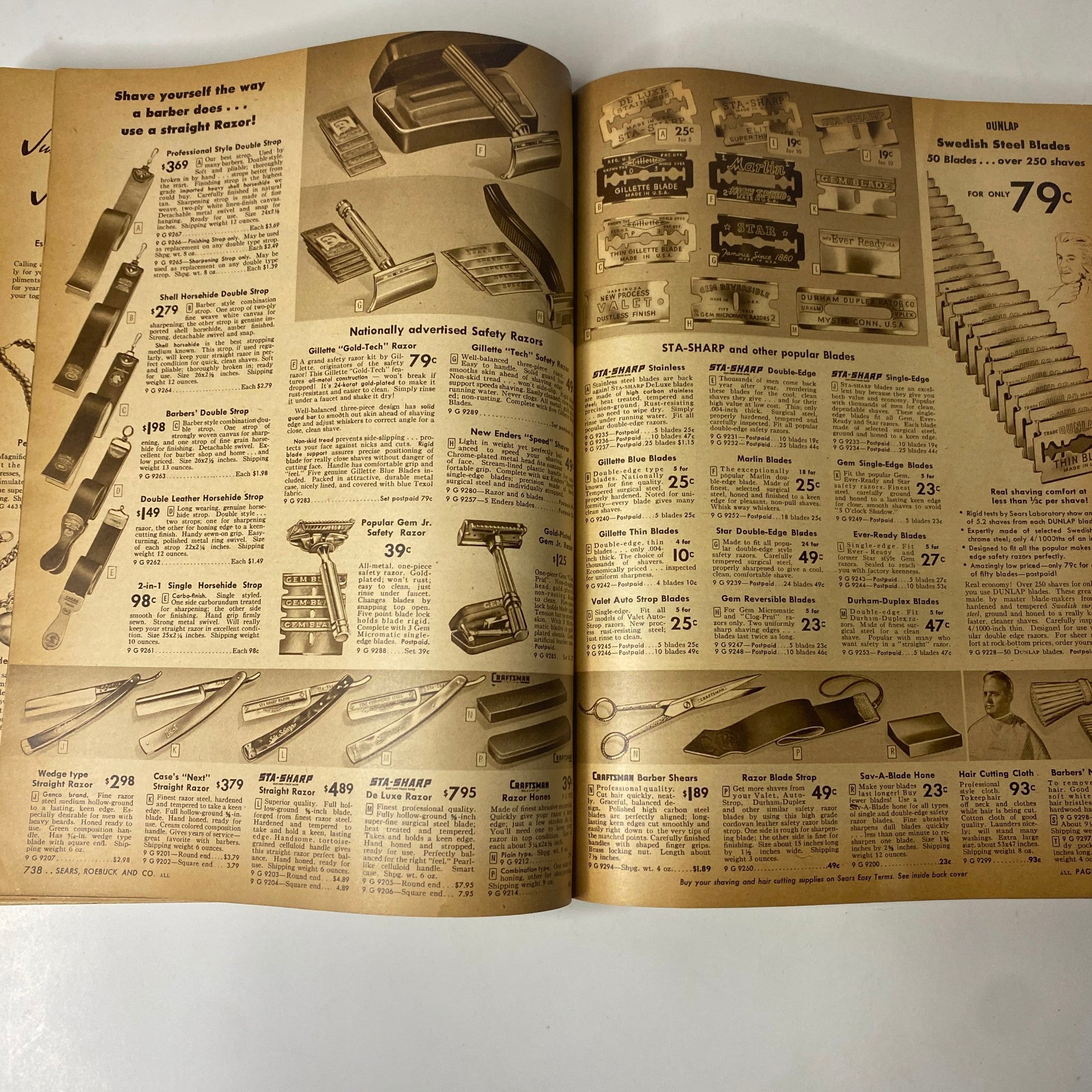 1946 - 1947 Sears, Roebuck and Co. Fall and Winter Catalog illustrating an array of shaving accessories, including razors and blades, for men's grooming.